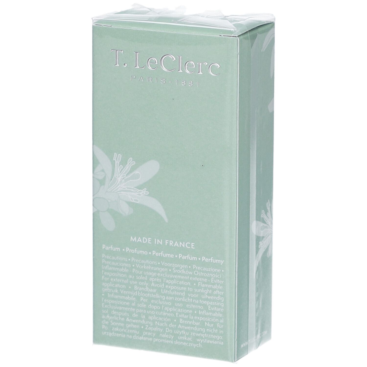 Groene doos met tekst: T. Leclerc, Made in France. Verpakt in folie. Meertalige tekst.