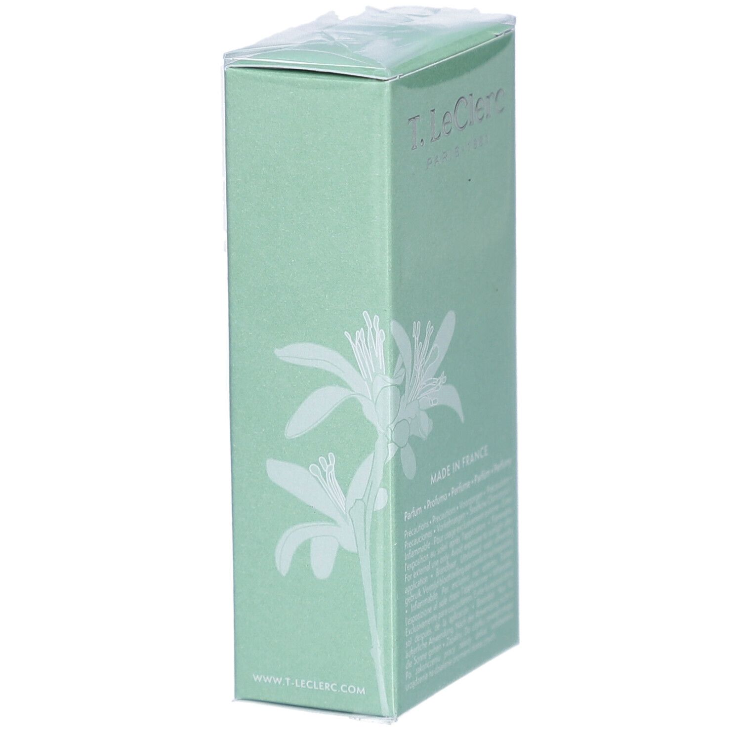 Groene doos met bloemmotief. Tekst: T. Leclerc, Made in France. Verpakt in folie.
