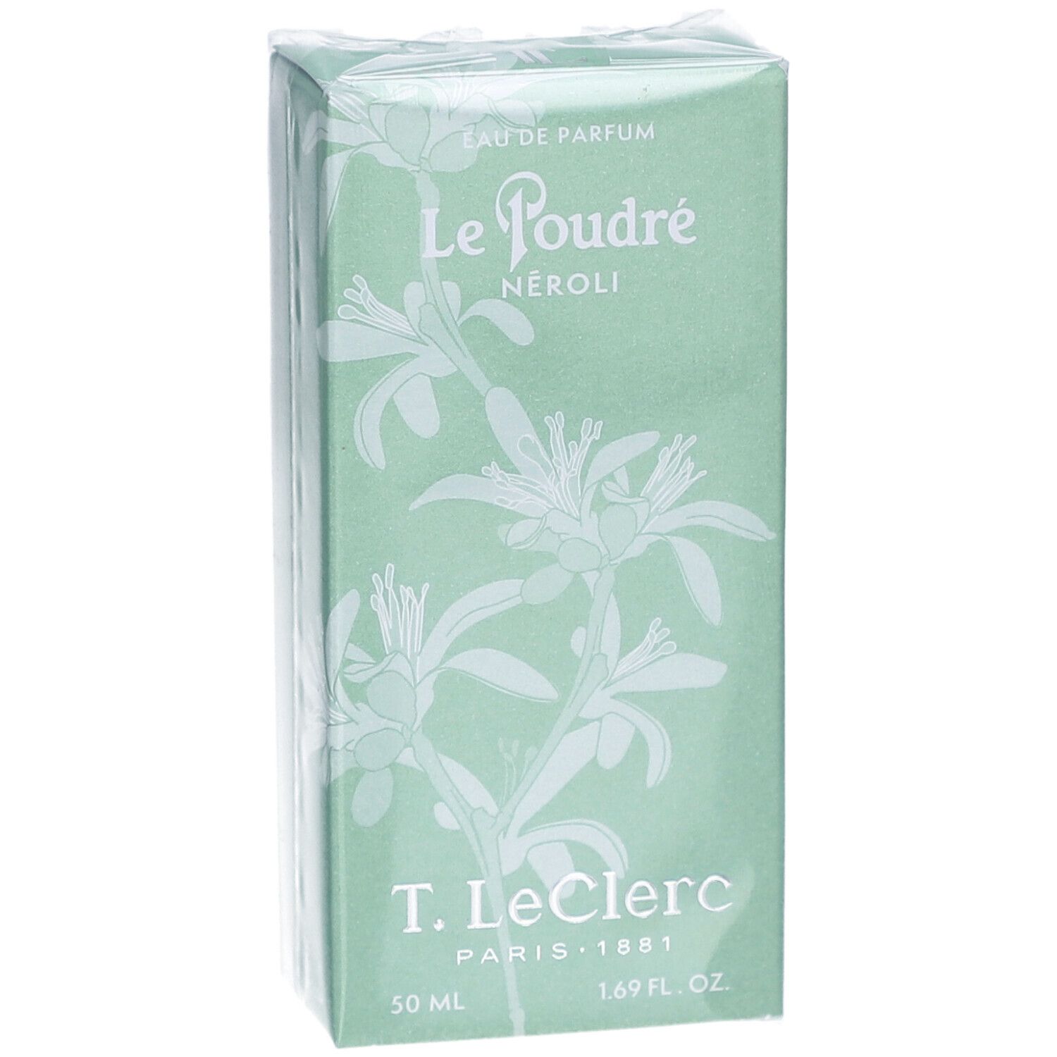 Groene doos met bloemmotief en productnaam. Tekst: Le Poudré Néroli, T. Leclerc, 50 ml, 1.69 fl. oz.