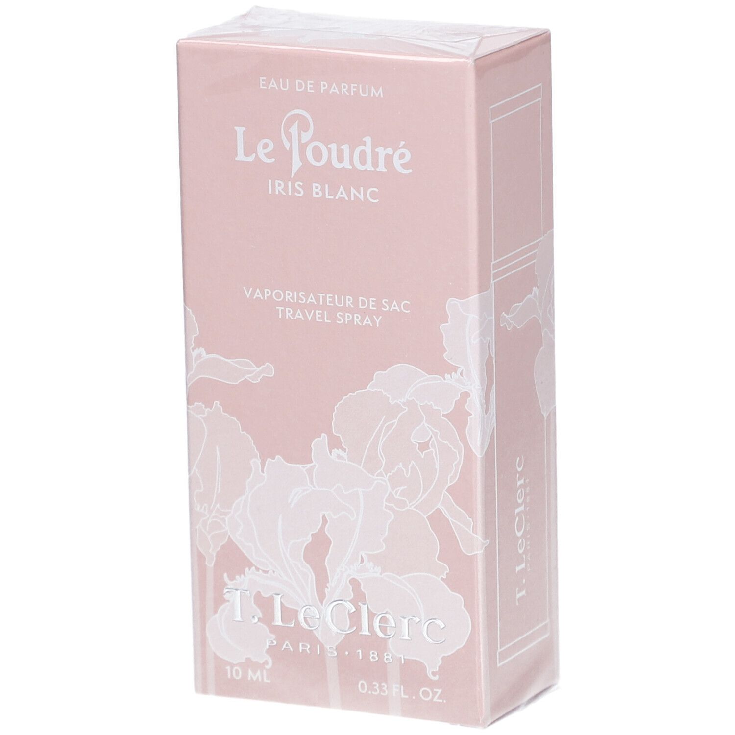 Roze doos. Opschrift: Le Poudré Iris Blanc, Eau de Parfum, Travel Spray. Onder: T. LeClerc, 10 ml, 0.33 fl. oz.