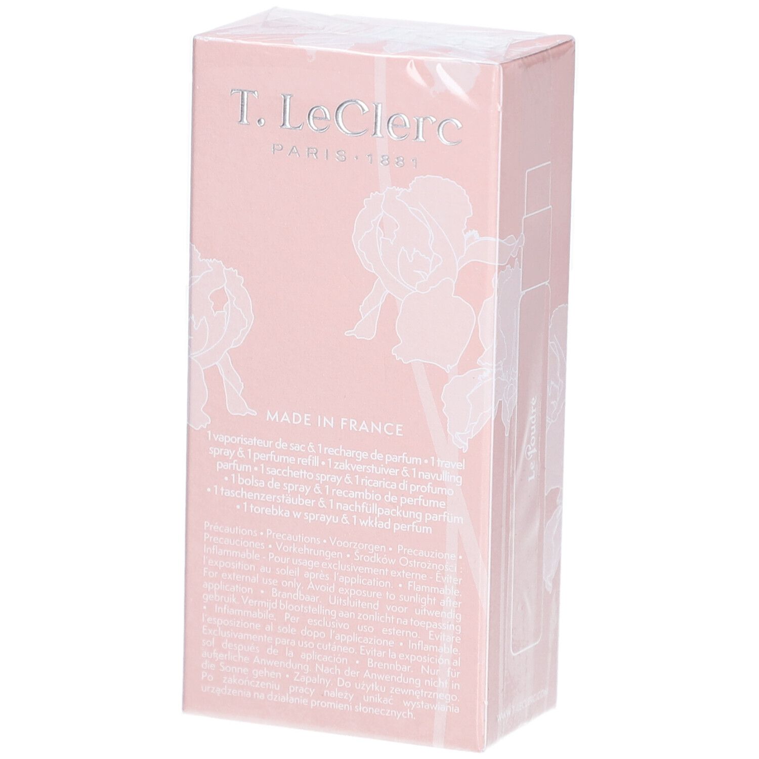 Roze doos. Opschrift: Le Poudré Iris Blanc, Eau de Parfum. Onder: T. LeClerc. Achterkant: Made in France. Tekst.