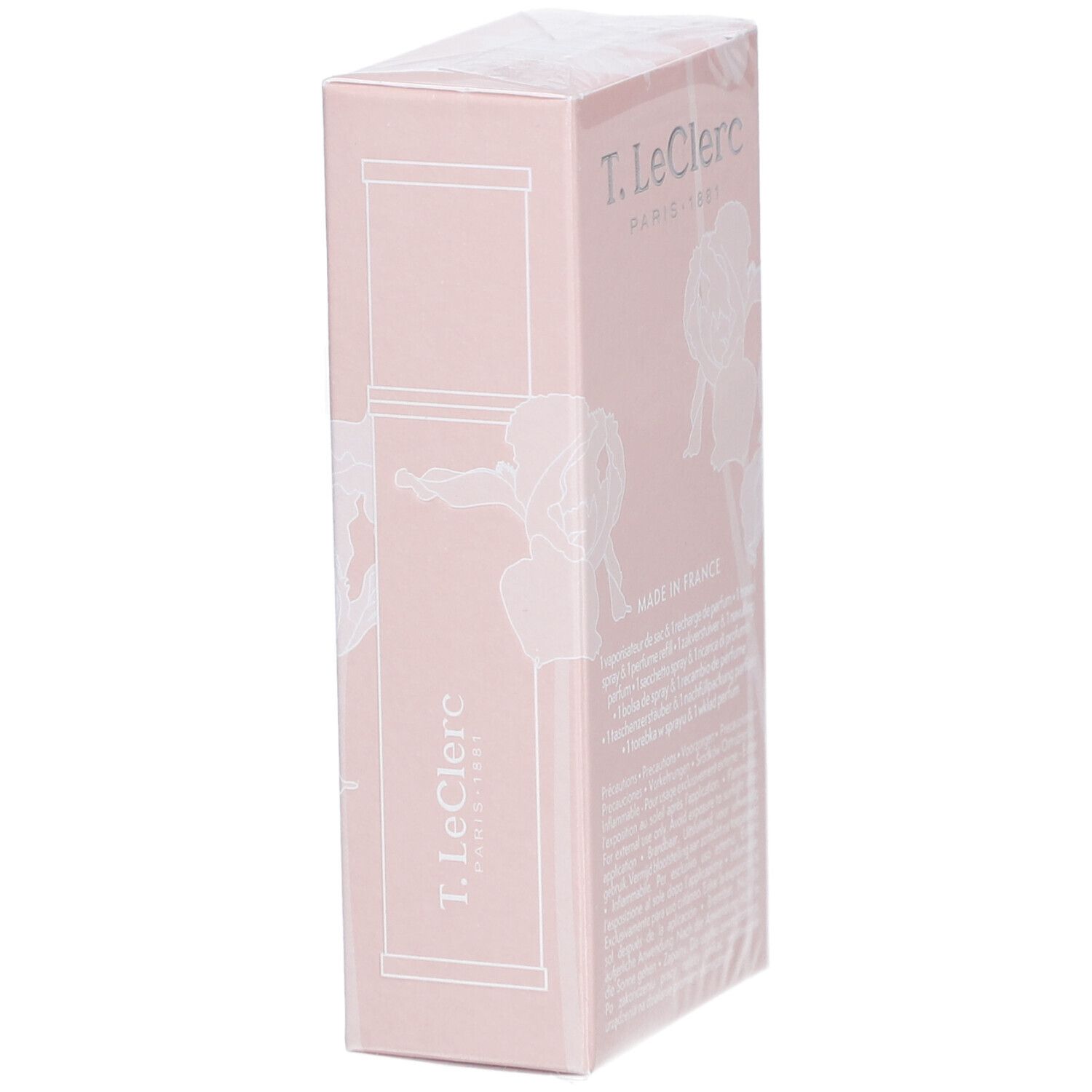 Roze doos. Opschrift: T. LeClerc. Achterkant: Made in France. Tekst. Verpakt in folie.