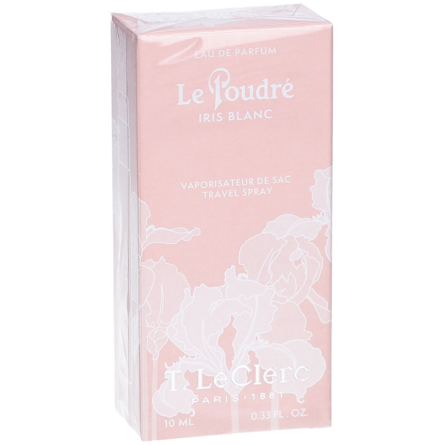 Roze doos. Opschrift: Le Poudré Iris Blanc, Eau de Parfum, Travel Spray. Onder: T. LeClerc, 10 ml, 0.33 fl. oz.
