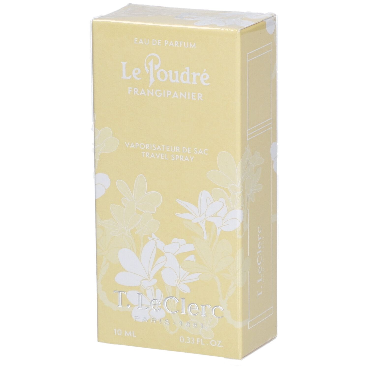 Boîte jaune avec décor floral blanc. Inscription : Le Poudré Frangipanier, T. LeClerc, 10 ml, 0.33 fl. oz.