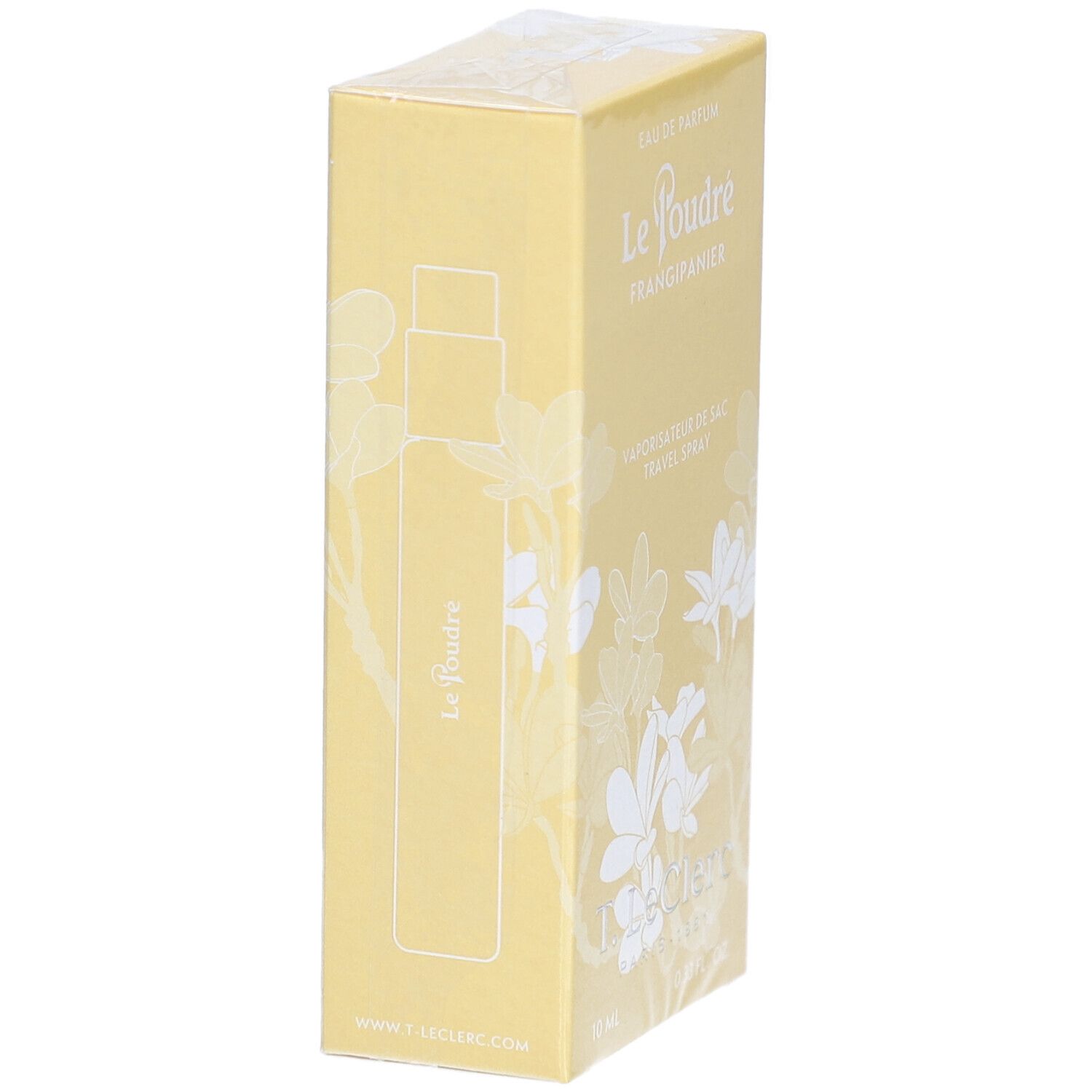 Boîte jaune avec décor floral blanc. Intérieur : flacon. Inscription : Le Poudré, T. LeClerc. Emballé dans du film.