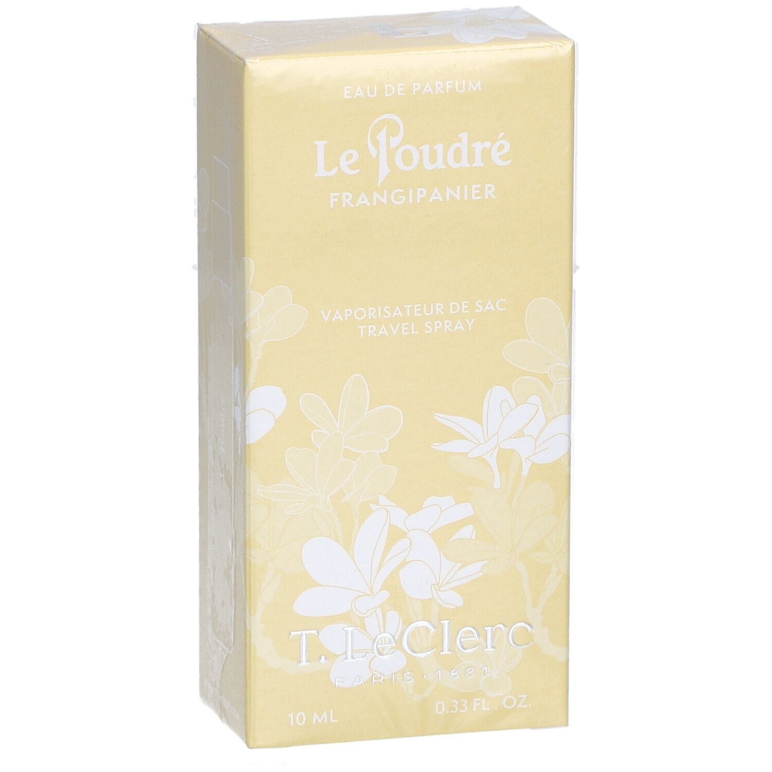 Boîte jaune avec décor floral blanc. Inscription : Le Poudré Frangipanier, T. LeClerc, 10 ml, 0.33 fl. oz. Emballé.