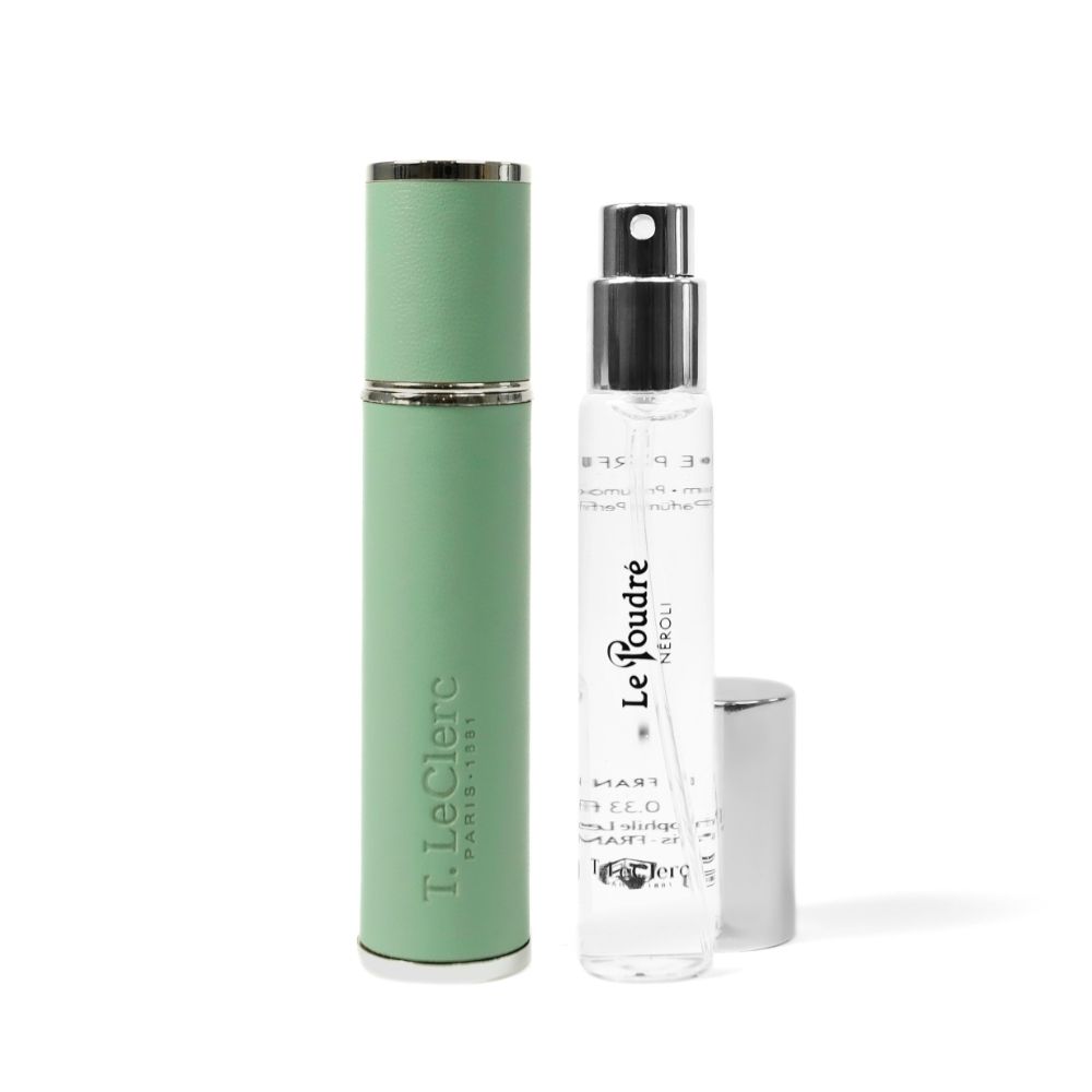 T. Leclerc reisverstuiver voor parfum, groen, met zilverkleurig detail en aparte verstuiver.