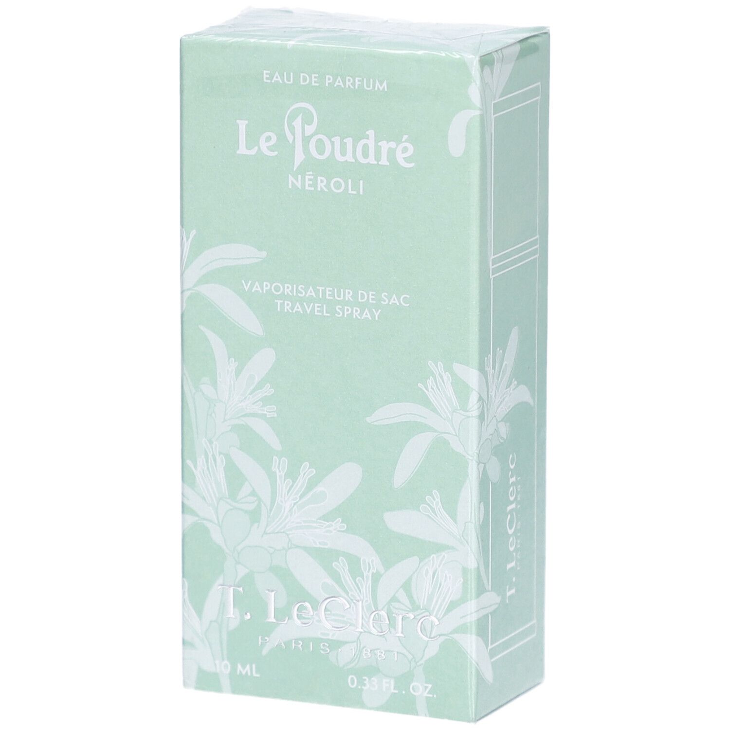 Boîte vert clair. Inscription: T. Leclerc, Paris. Texte: Le Poudré, Néroli, Vaporisateur de sac. 10 ml.