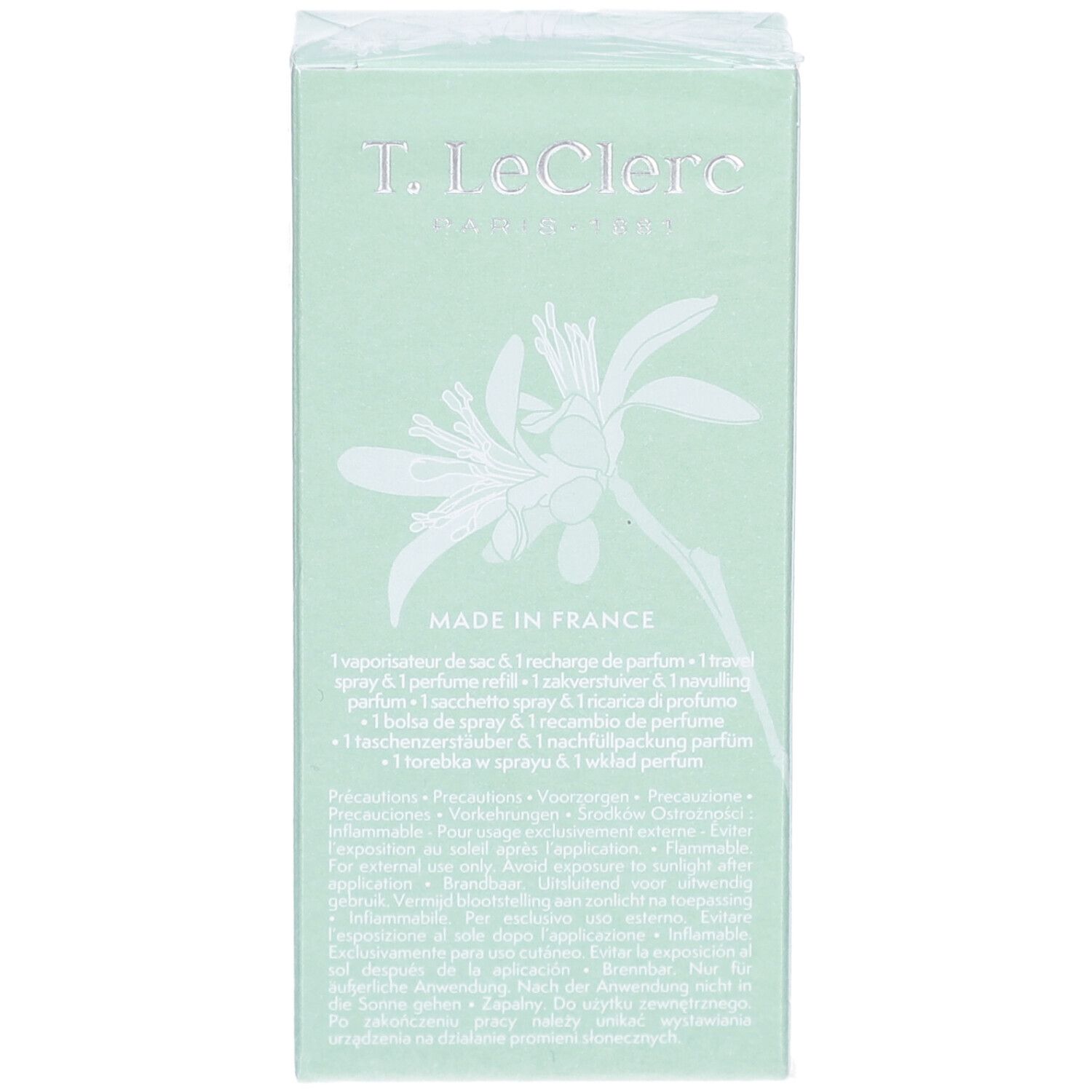 Boîte vert clair. Inscription: T. Leclerc, Paris. Texte: Made in France. Motif floral et texte.