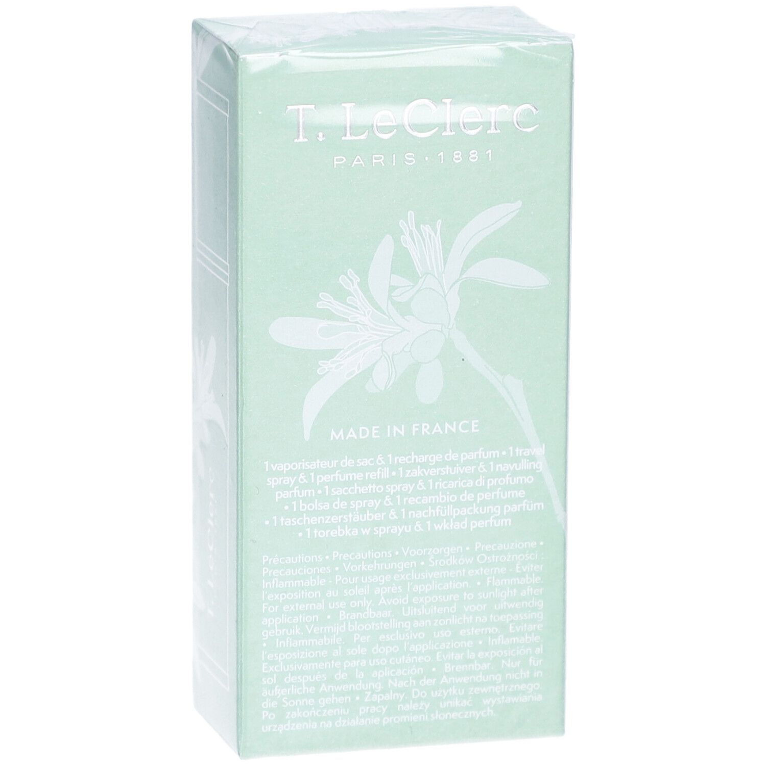 Boîte vert clair. Inscription: T. Leclerc, Paris. Texte: Made in France. Motif floral et texte.