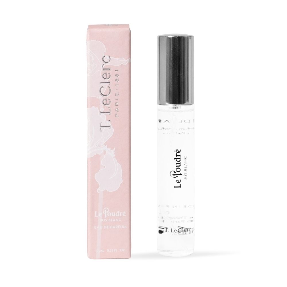 T.LeClerc Le Poudre White Iris Eau de Parfum flesje naast het doosje.