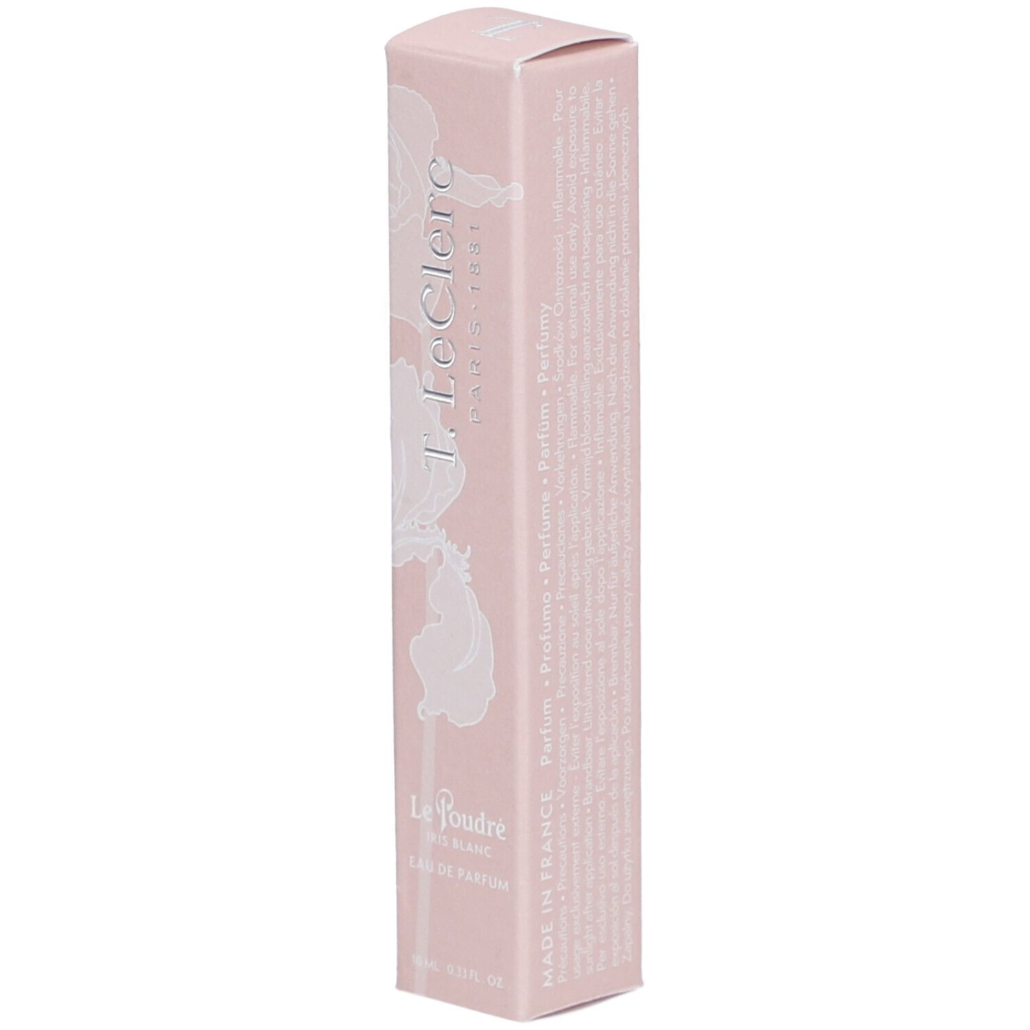Roze doos met wit bloemmotief. Tekst: T. LeClerc, Le Poudré, Eau de Parfum Iris Blanc. Made in France.