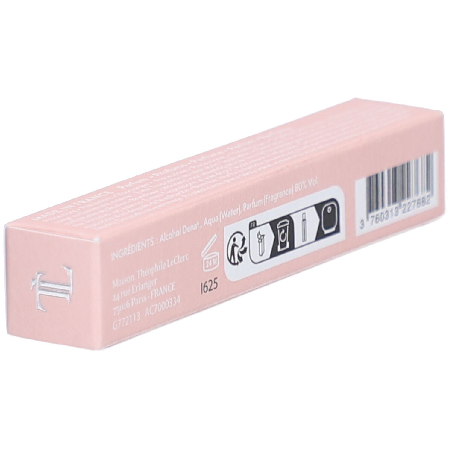 Achterkant van de roze doos. Tekst: Ingrediënten, pictogrammen, barcode. Gemaakt in Frankrijk.