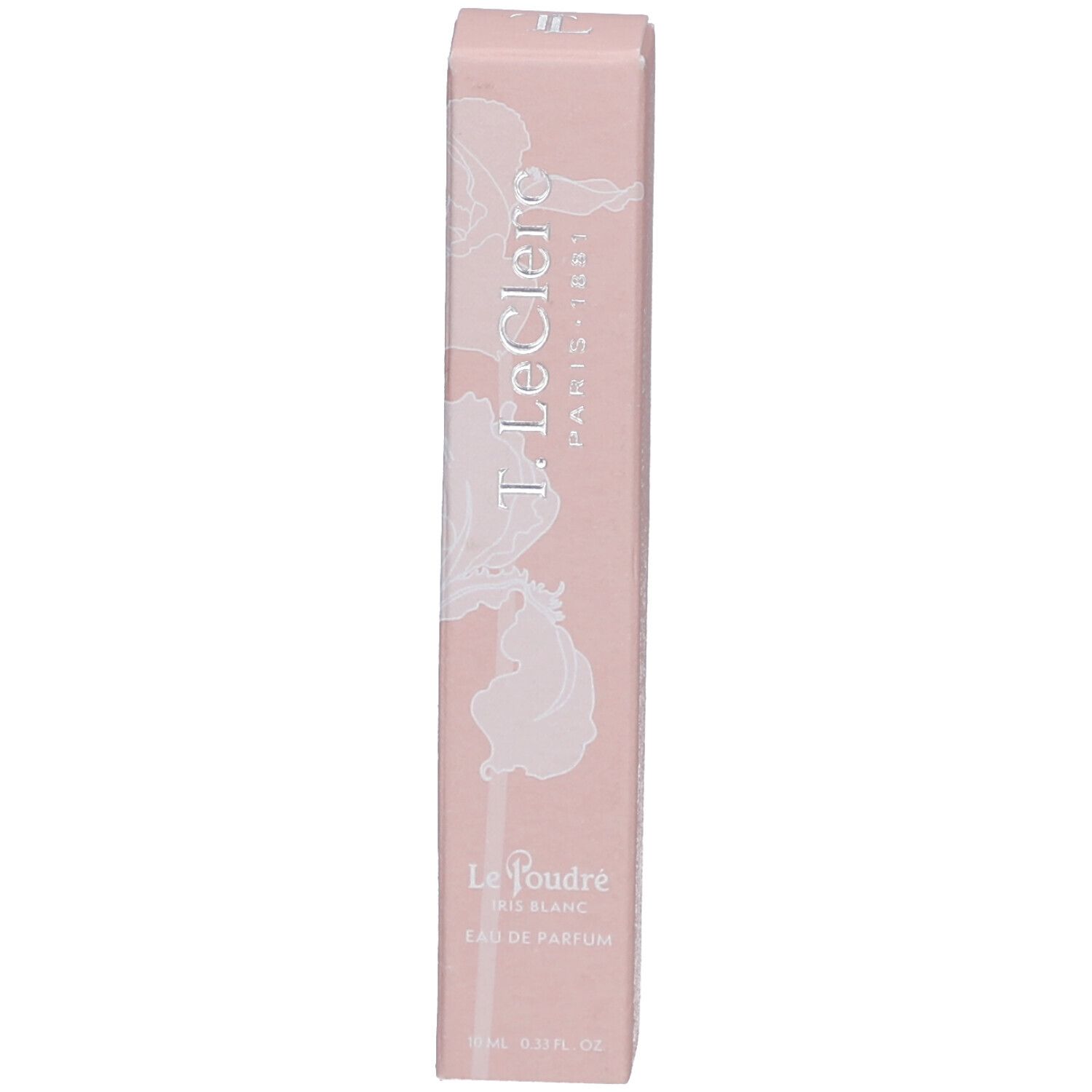 Roze doos met wit bloemmotief. Tekst: T. LeClerc, Le Poudré, Eau de Parfum Iris Blanc.