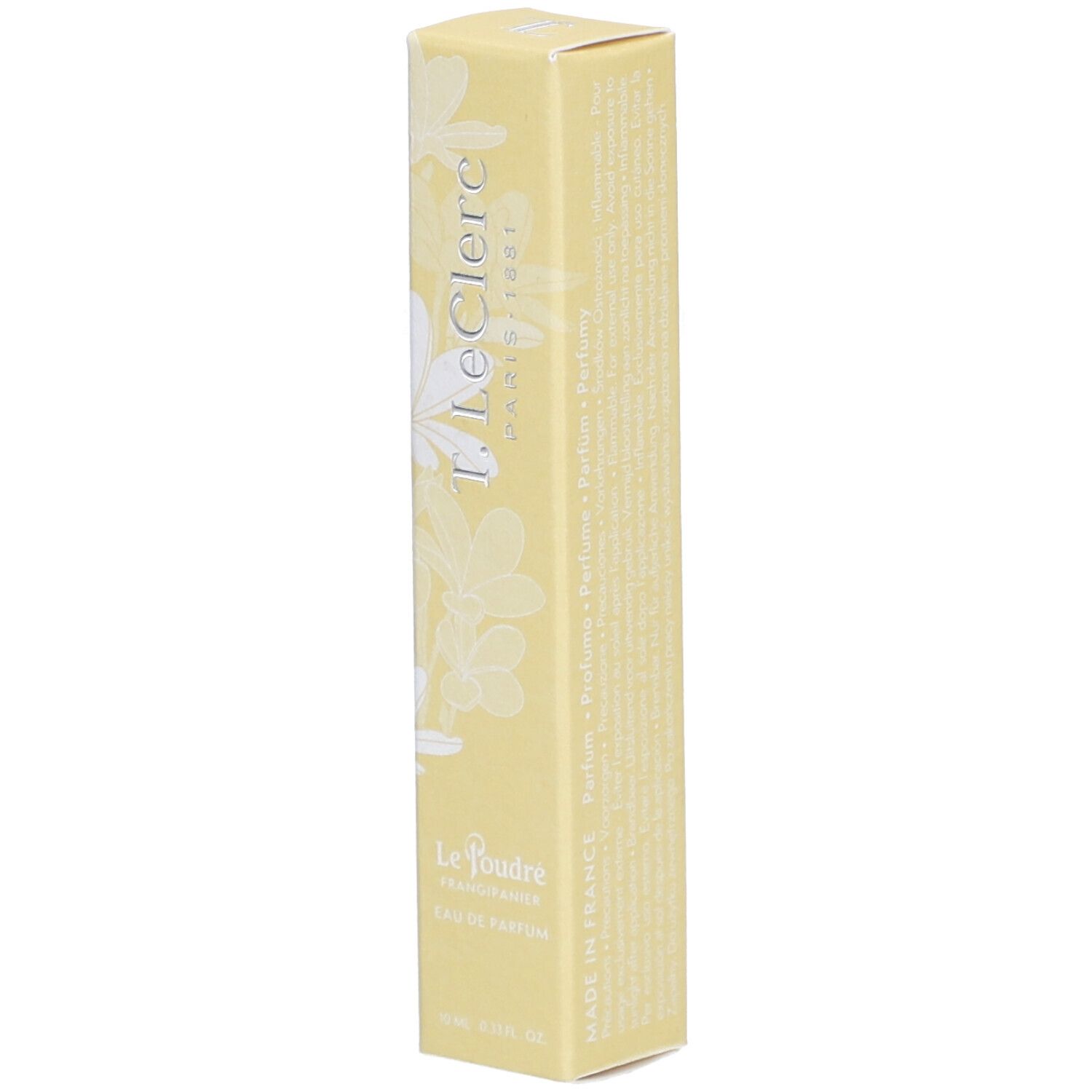 Gele doos met bloemmotief en productnaam. Tekst: T. LeClerc, Le Poudré, Eau de Parfum Frangipanier.