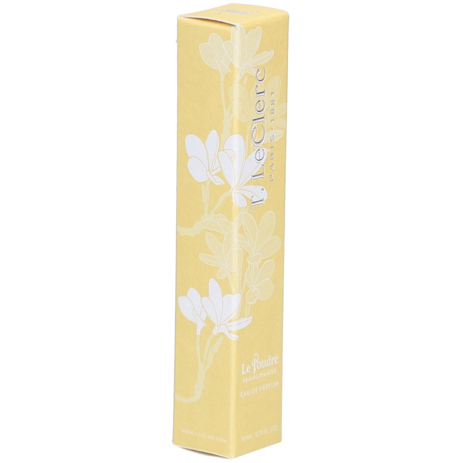 Gele doos met bloemmotief. Tekst: T. LeClerc, Le Poudré, Eau de Parfum Frangipanier.