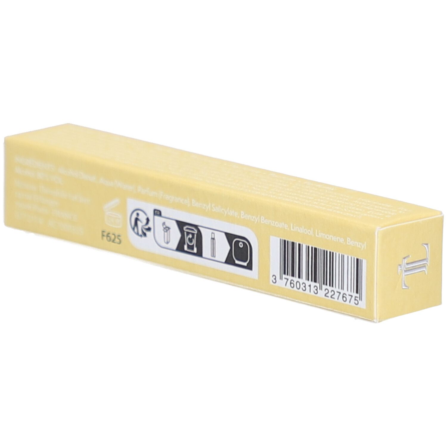 Achterkant van de gele doos. Barcode en pictogrammen. Tekst: Ingrediënten, herkomst, F625.