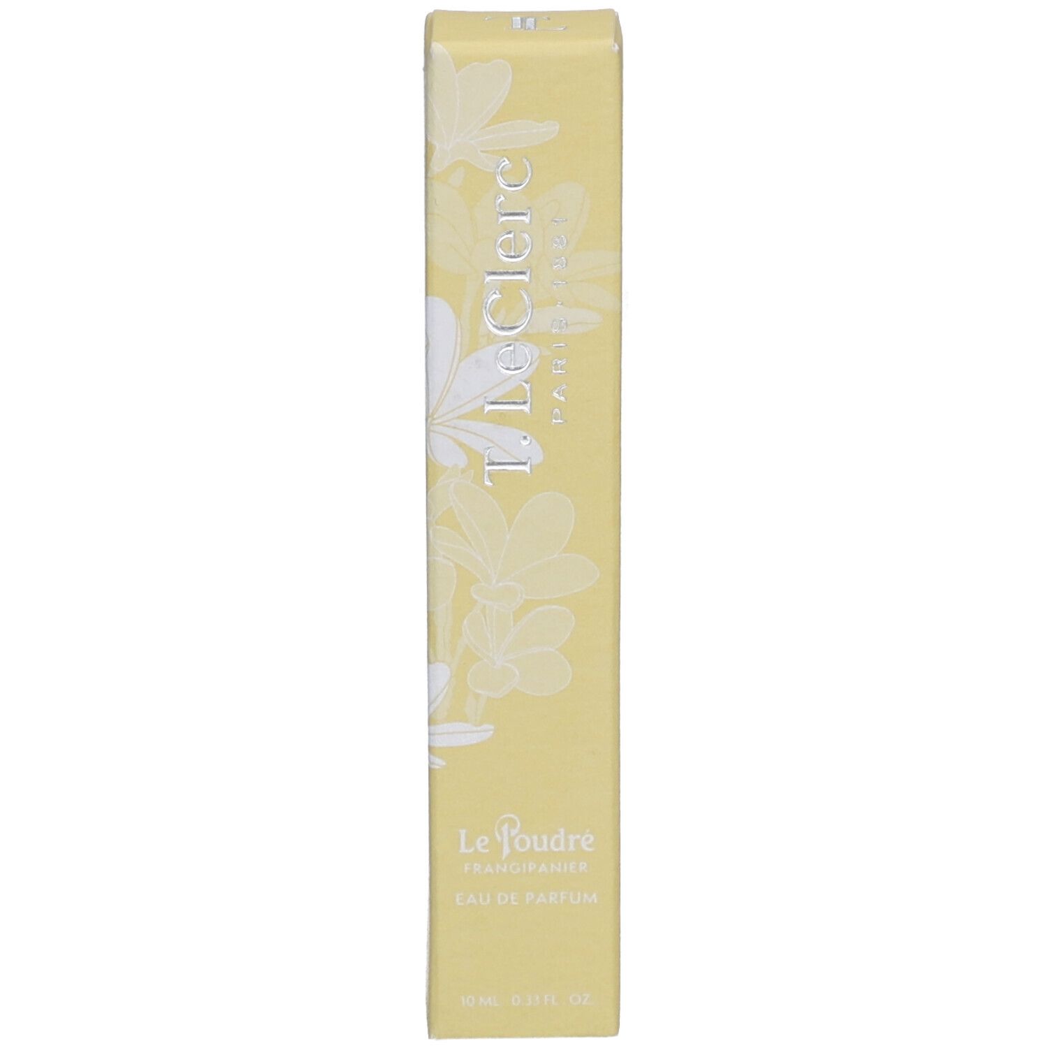Gele doos met bloemmotief en productnaam. Tekst: T. LeClerc, Le Poudré, Eau de Parfum Frangipanier.