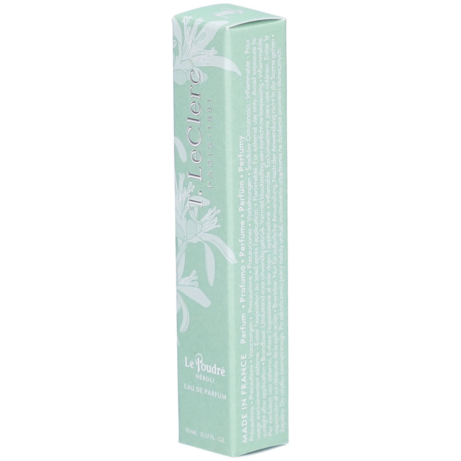 Lichtgroene doos. Opschrift: T. LeClerc, Le Poudré, Eau de Parfum Néroli. Bloemenpatroon. 10 ml.