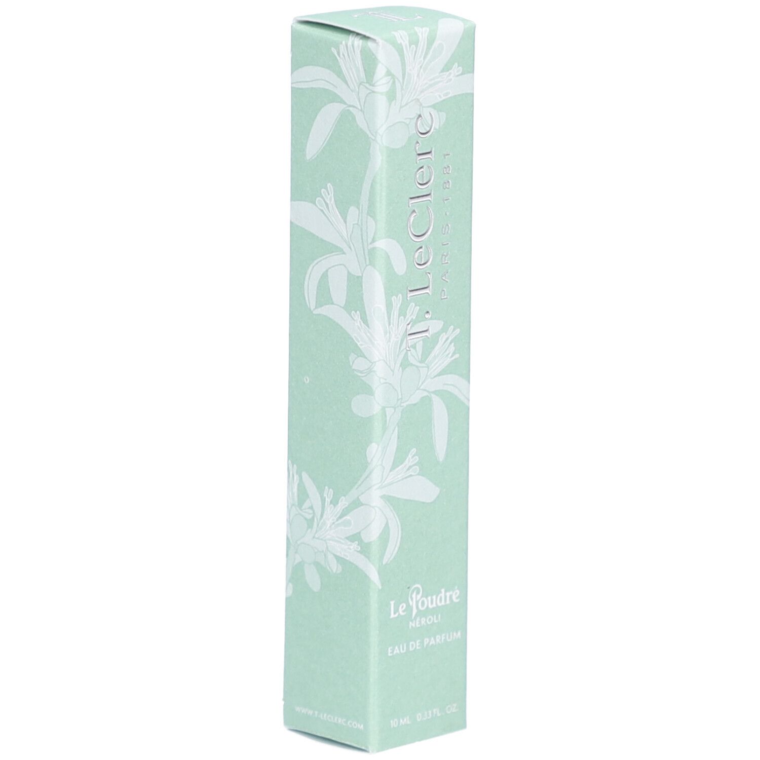 Lichtgroene doos. Opschrift: T. LeClerc, Le Poudré, Eau de Parfum Néroli. Bloemenpatroon.