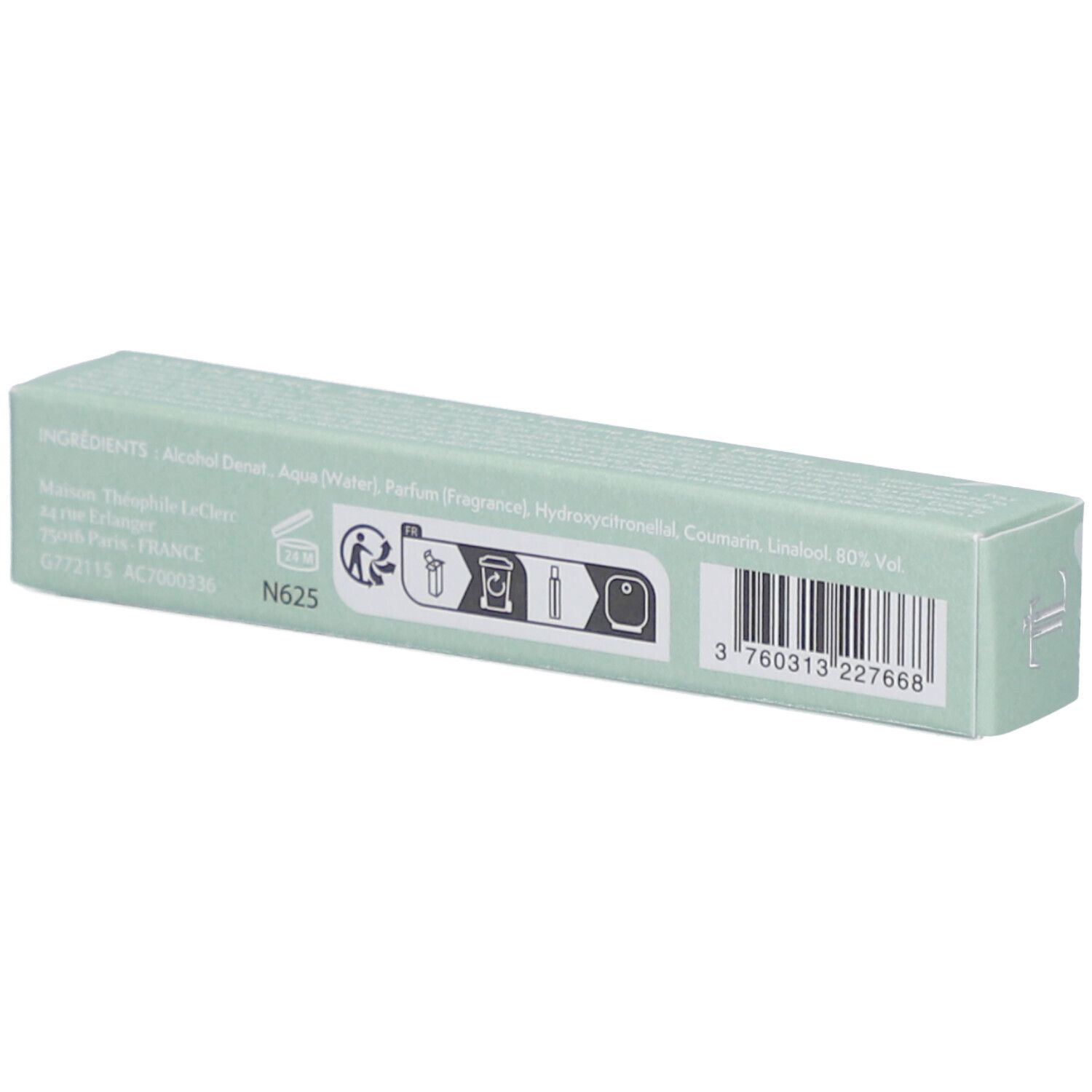 Lichtgroene doos. Achterkant met ingrediënten, pictogrammen en barcode. Tekst.