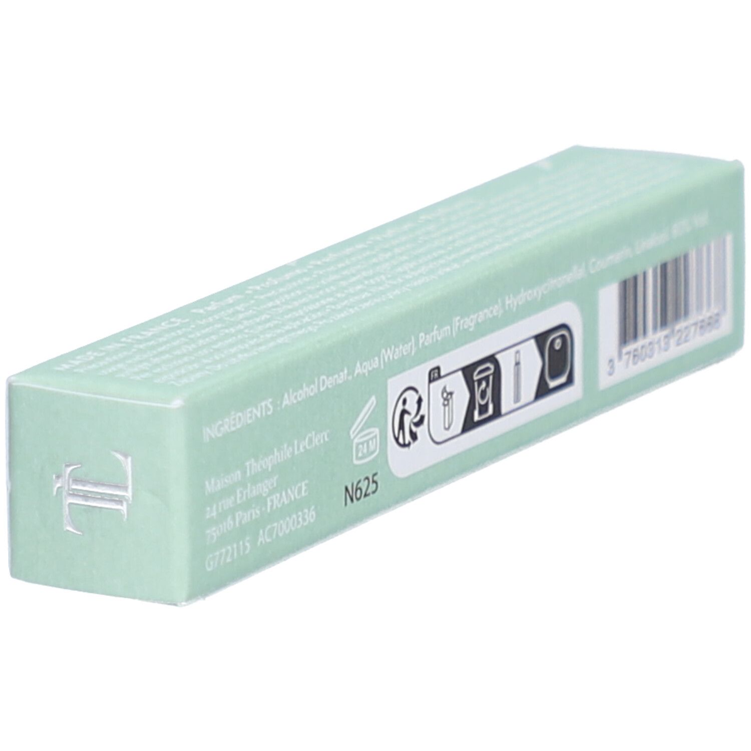 Lichtgroene doos. Achterkant met ingrediënten en pictogrammen. Tekst.