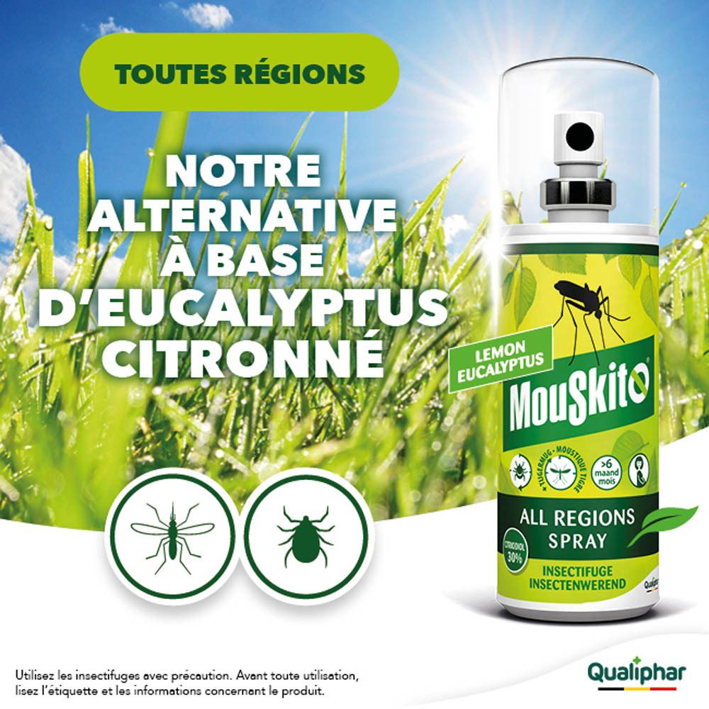 Mouskito All Regions Spray, flacon avec pulvérisateur et inscription 'Toutes Régions'.