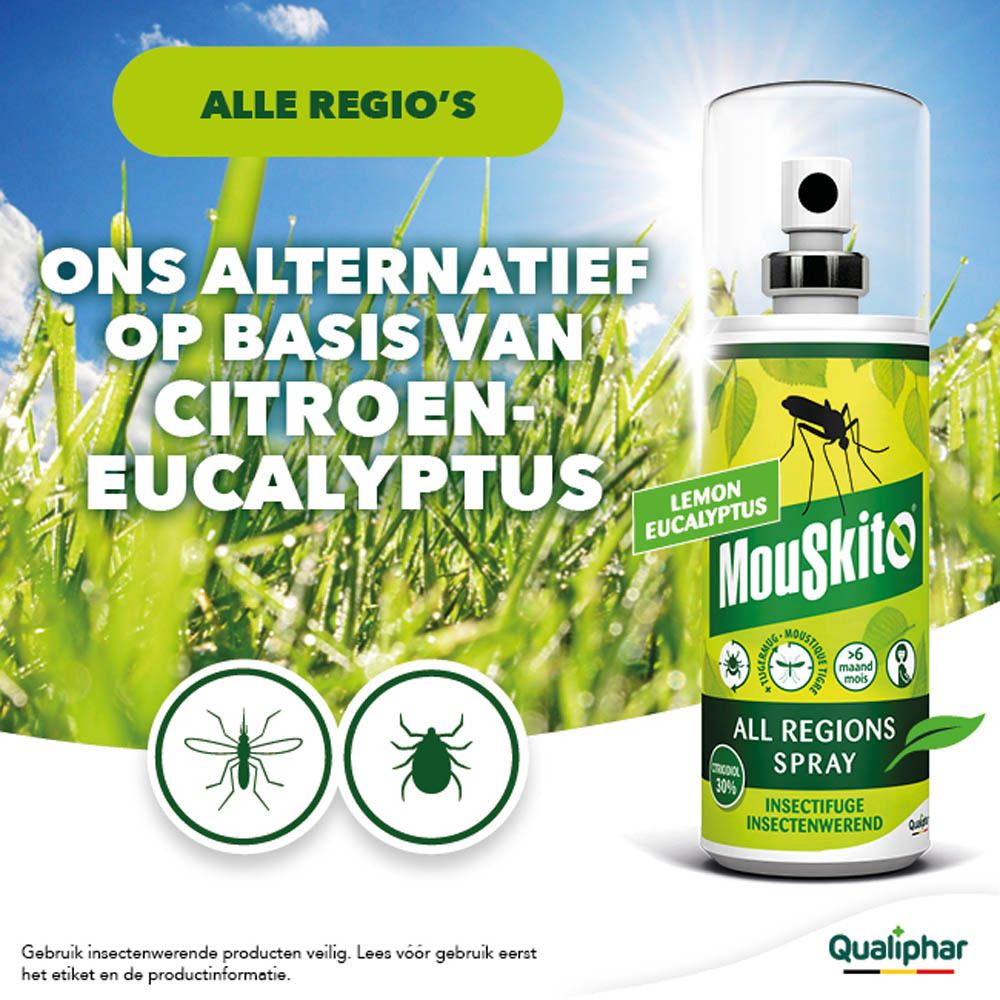 Mouskito All Regions Spray, fles met sproeikop en opdruk 'Alle Regio's'.