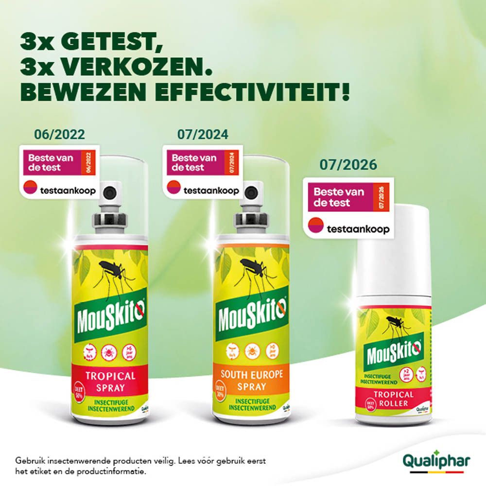 Mouskito All Regions Spray, fles met sproeikop en tekst 'Ons alternatief op basis van citroen-eucalyptus'.
