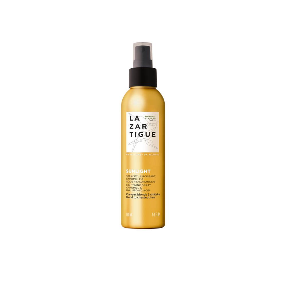 Gouden spuitfles met zwarte dop. Bevat Lazartigue Sunlight Spray.