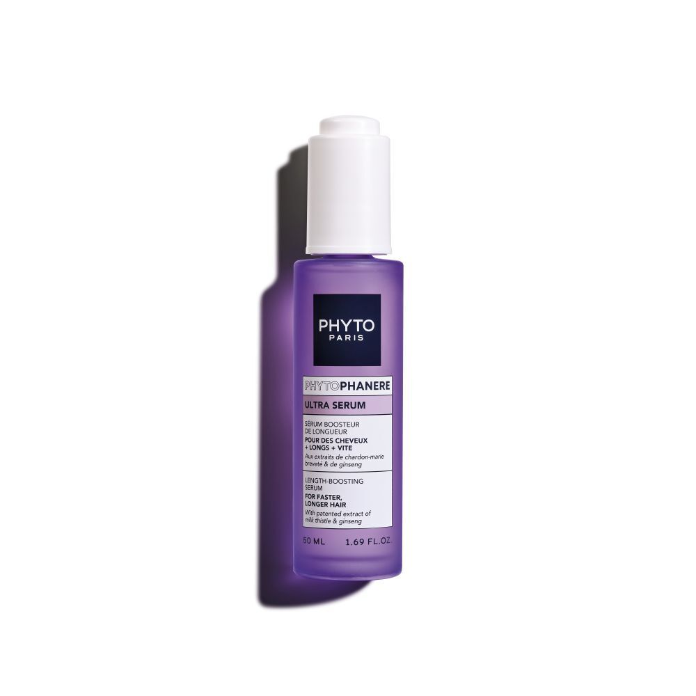 Flacon violet avec bouchon blanc. Nom du produit et texte sur l'étiquette. 50 ml.