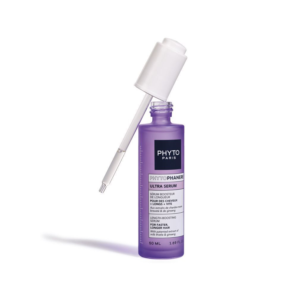 Flacon violet avec bouchon blanc et pipette. Nom du produit et texte sur l'étiquette. 50 ml.
