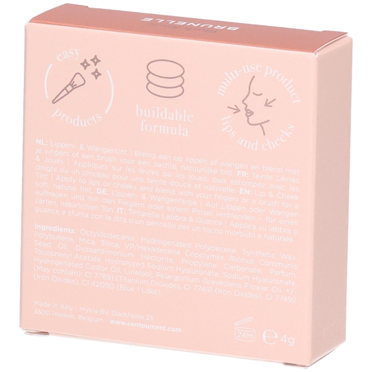 Roze verpakking met tekst en iconen voor lippenstift en wangen.