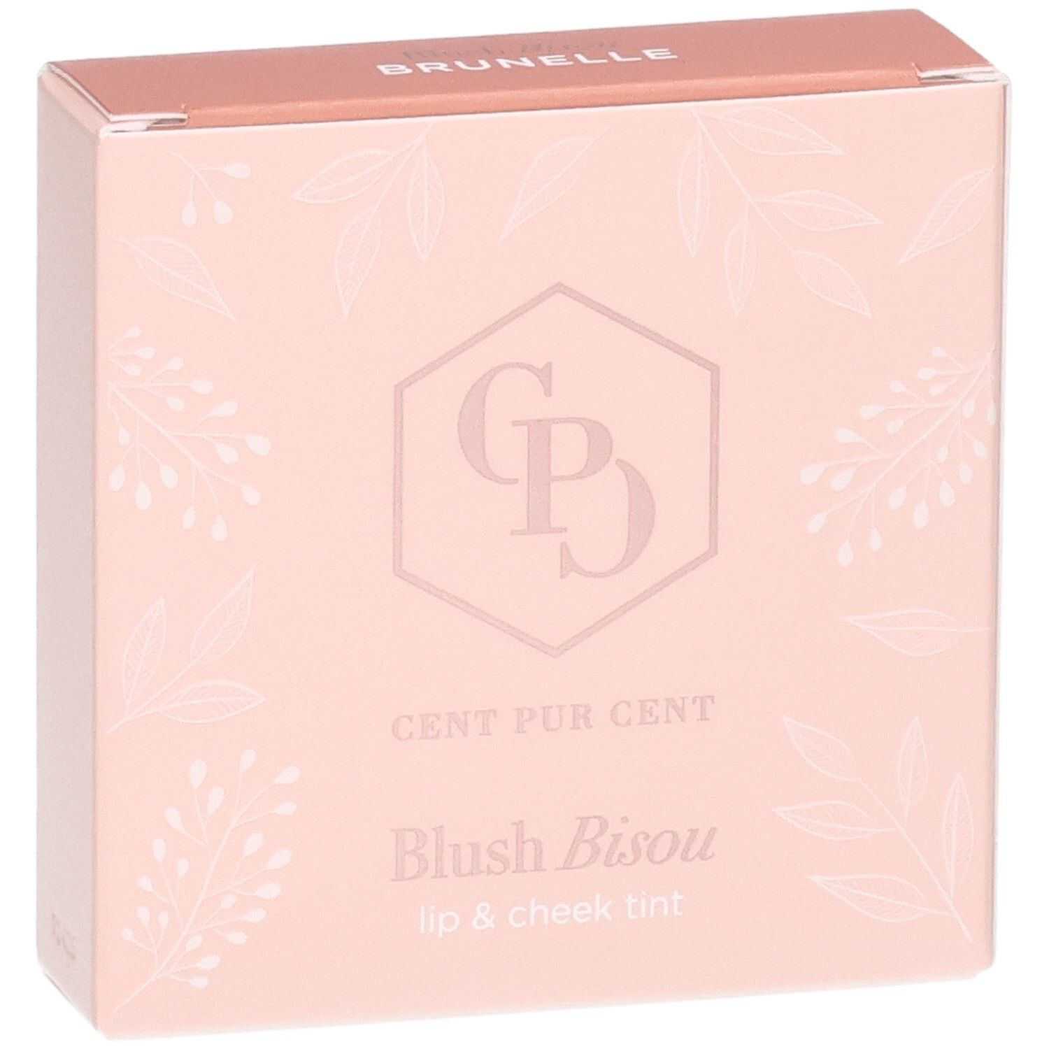 Verpakking voor 'Blush Bisou' lip & cheek tint van CENT PUR CENT. Roze met bloemenpatroon.