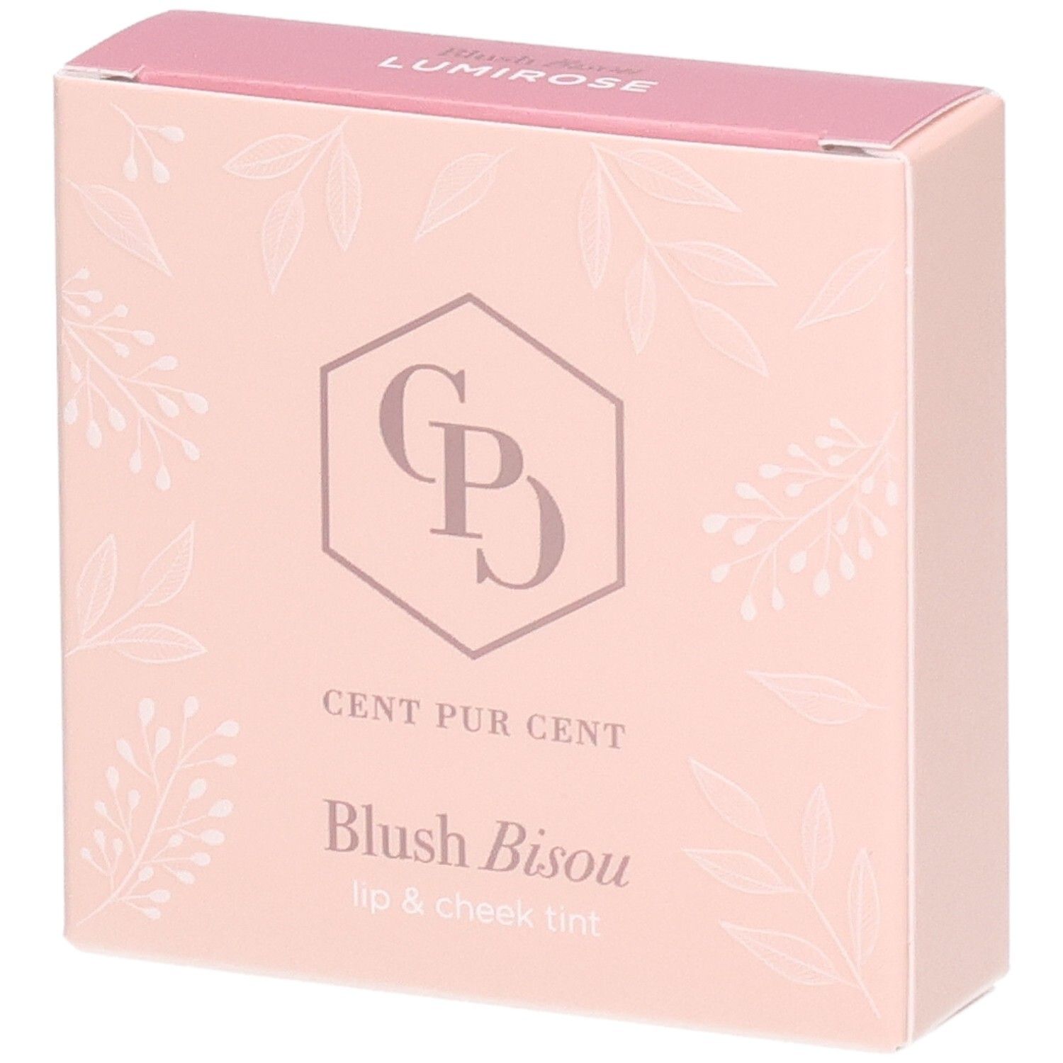 Emballage Cent Pur Cent Blush Bisou, rose avec motifs floraux et logo.
