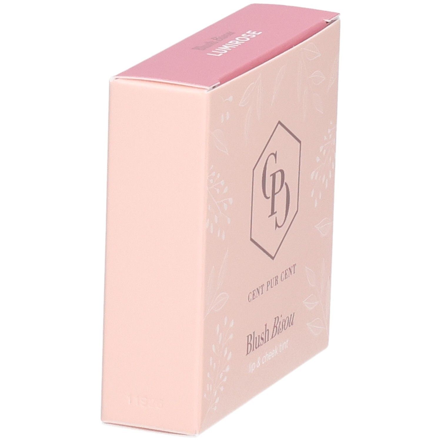 Emballage Cent Pur Cent Blush Bisou, vue de côté, rose avec motifs floraux.