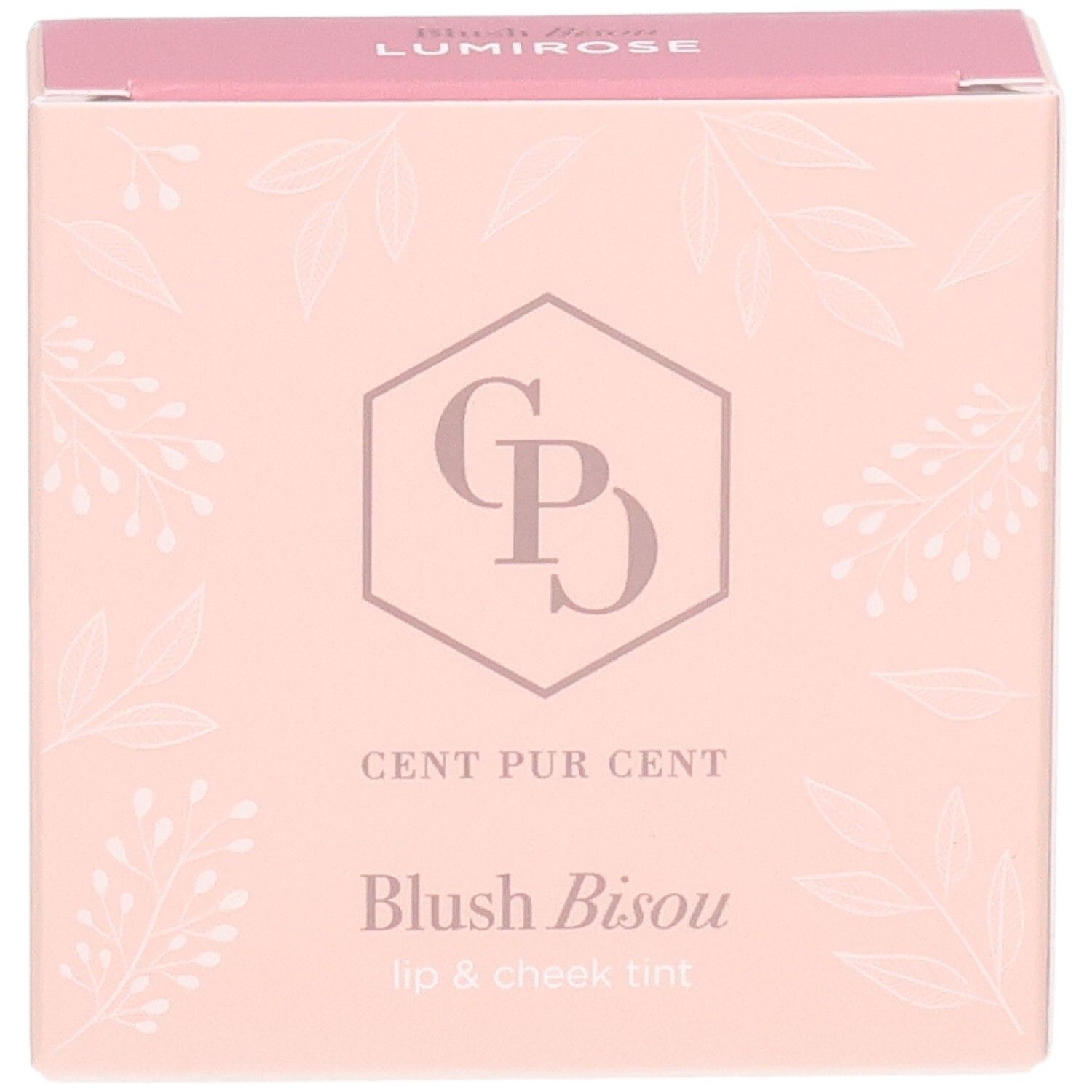 Emballage Cent Pur Cent Blush Bisou, face avant, rose avec motifs floraux et logo.