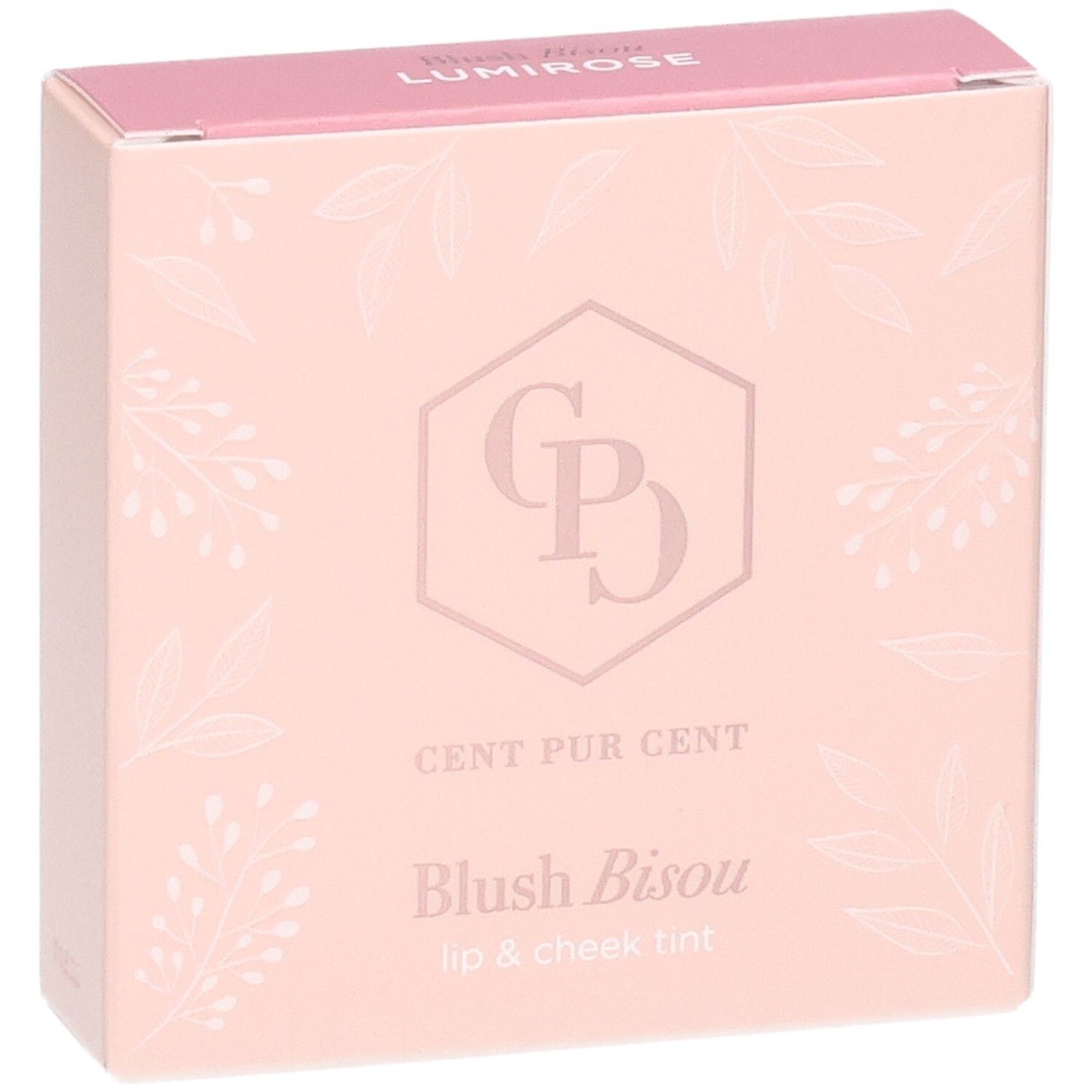 Emballage Cent Pur Cent Blush Bisou, face avant, rose avec motifs floraux et logo.