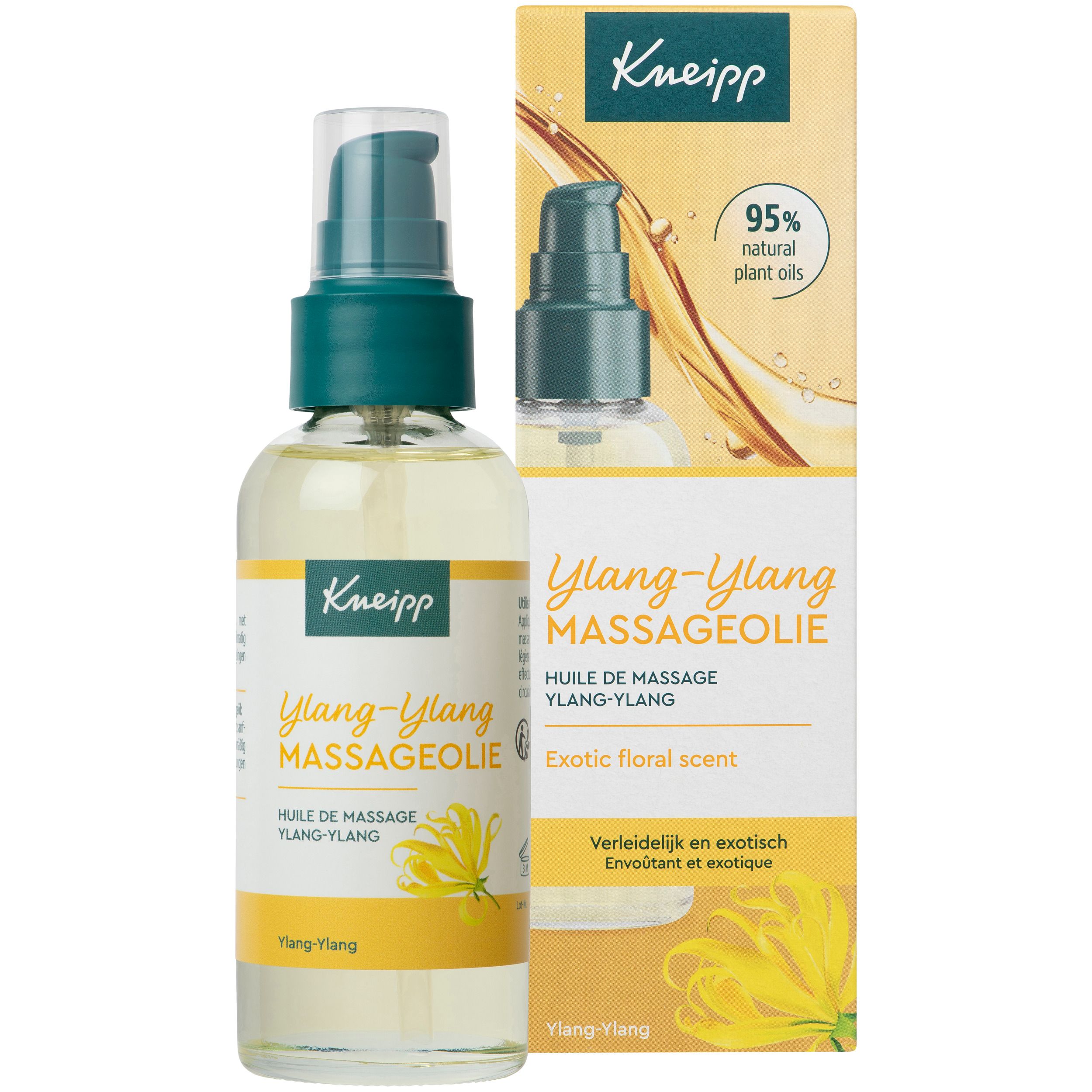Kneipp Ylang-Ylang massageolie met verpakking. Fles en doos. Doos met naam, logo en bloemenillustratie. 95% natuurlijke oliën.