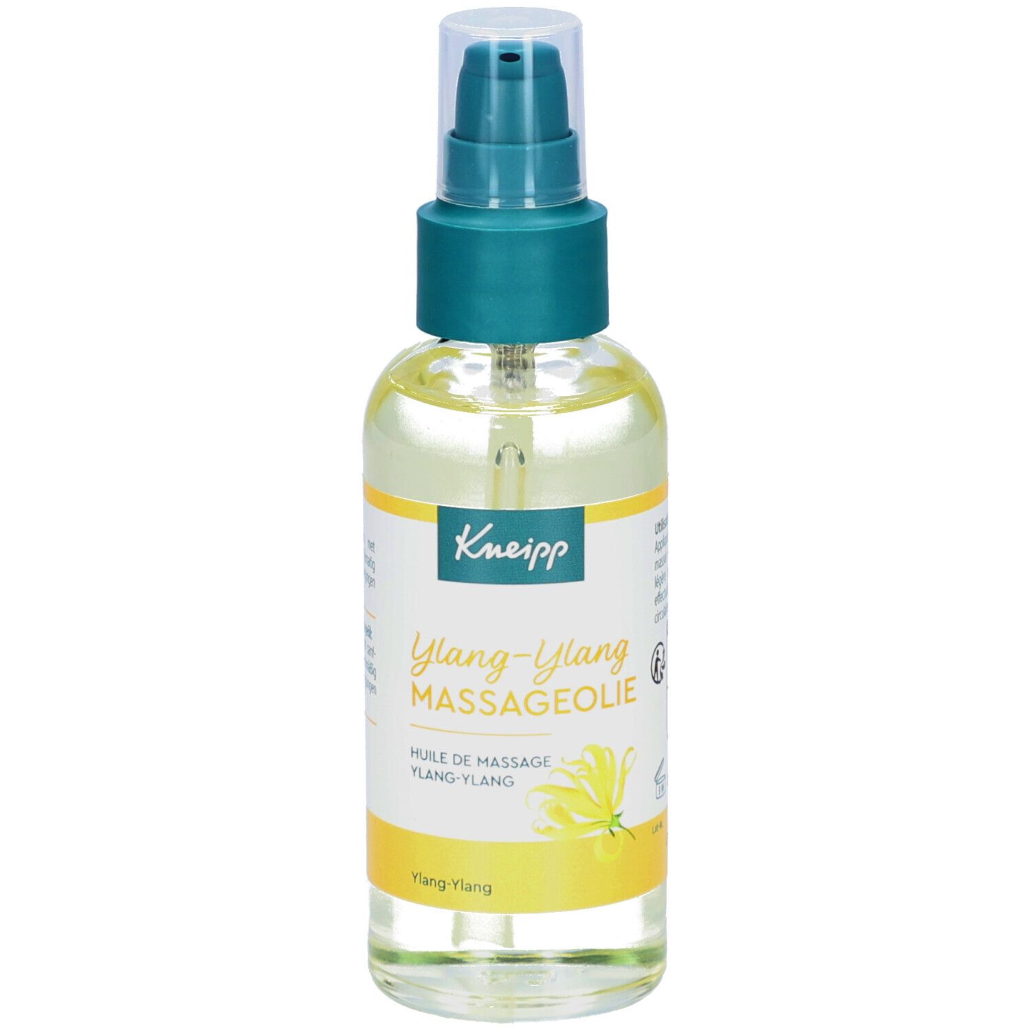 Huile de massage Kneipp Ylang-Ylang. Flacon transparent avec vaporisateur. Liquide jaune. Étiquette avec informations et logo.
