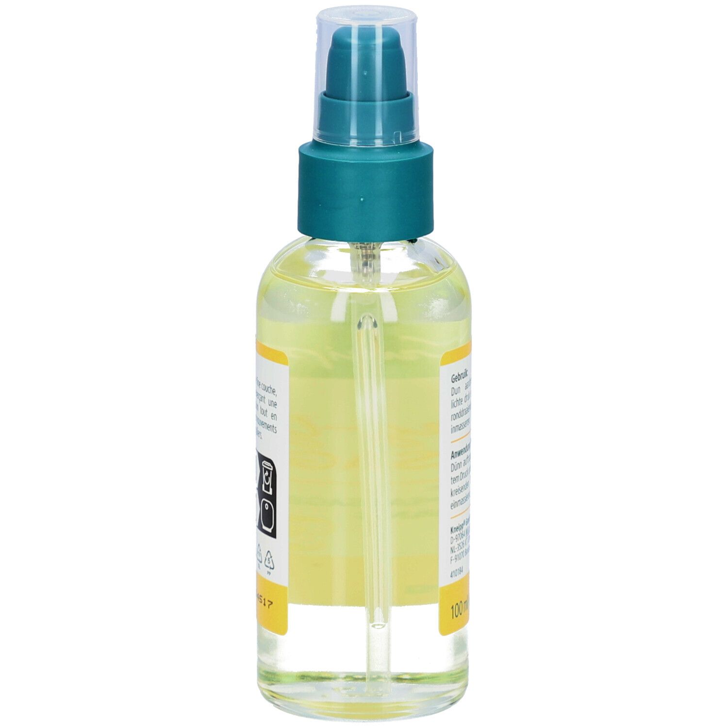 Vue latérale du flacon d'huile de massage Kneipp Ylang-Ylang. Étiquette avec informations et logo. Flacon transparent.