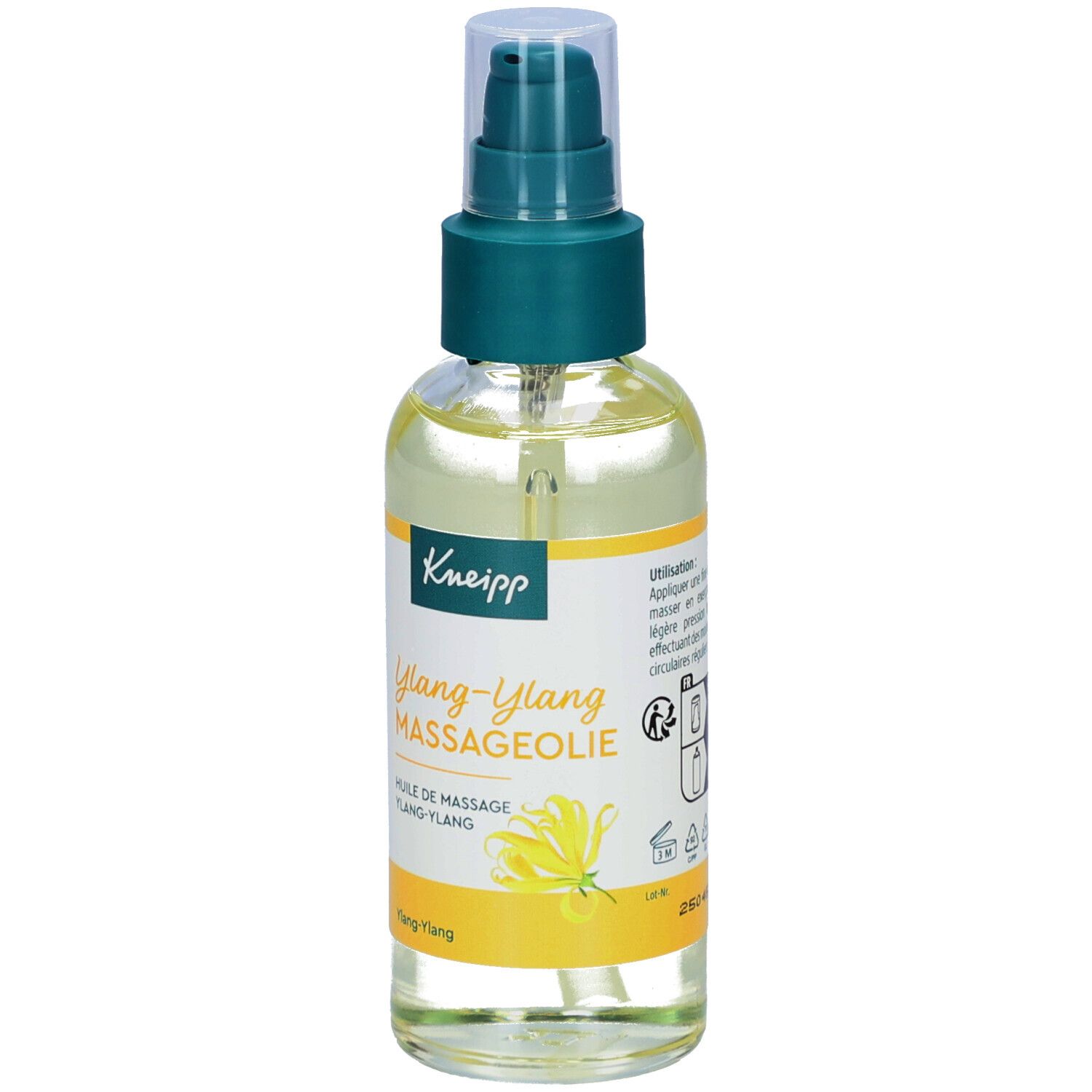 Huile de massage Kneipp Ylang-Ylang. Flacon transparent avec vaporisateur. Liquide jaune. Étiquette avec informations et logo.