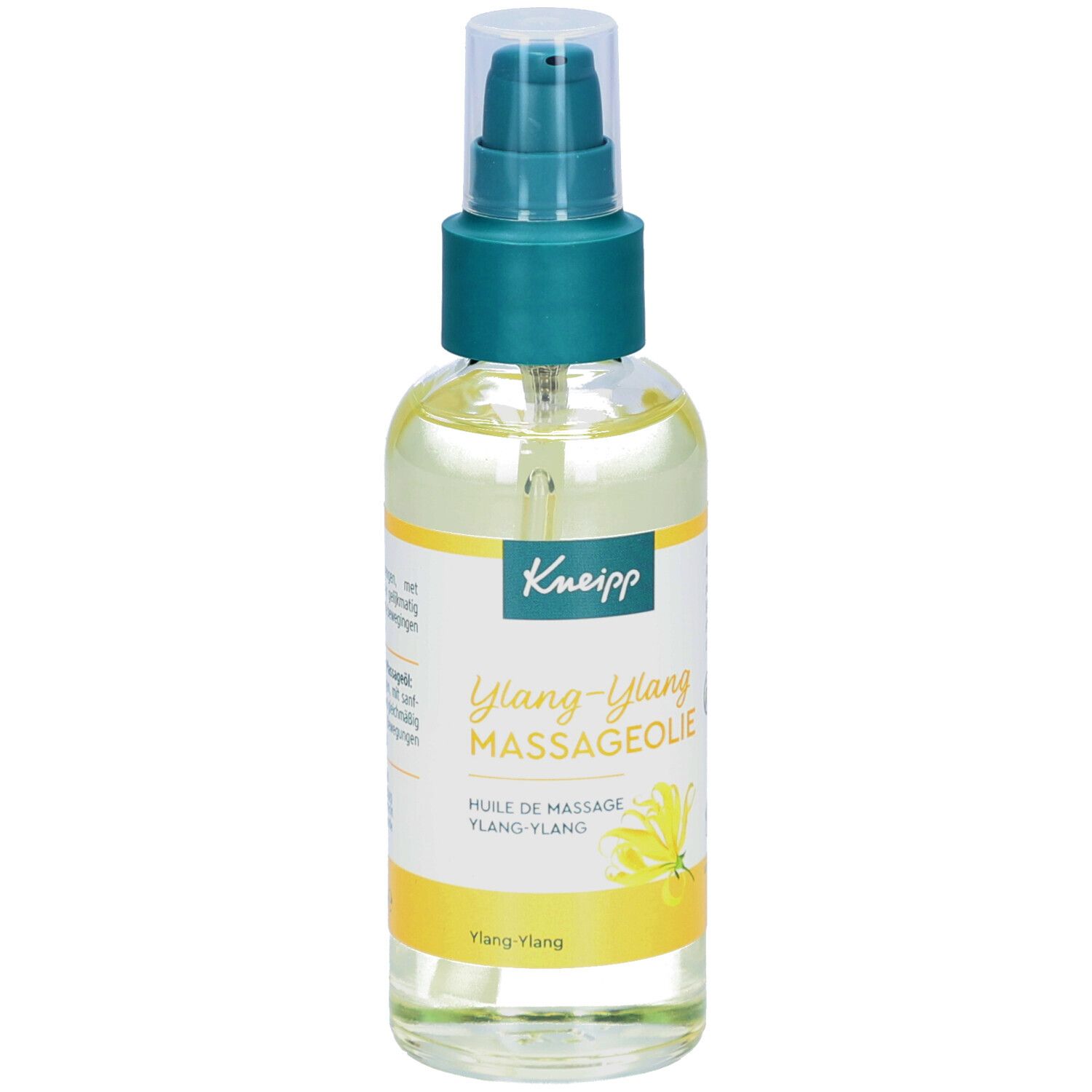 Huile de massage Kneipp Ylang-Ylang. Flacon transparent avec vaporisateur. Liquide jaune. Étiquette avec informations et logo.