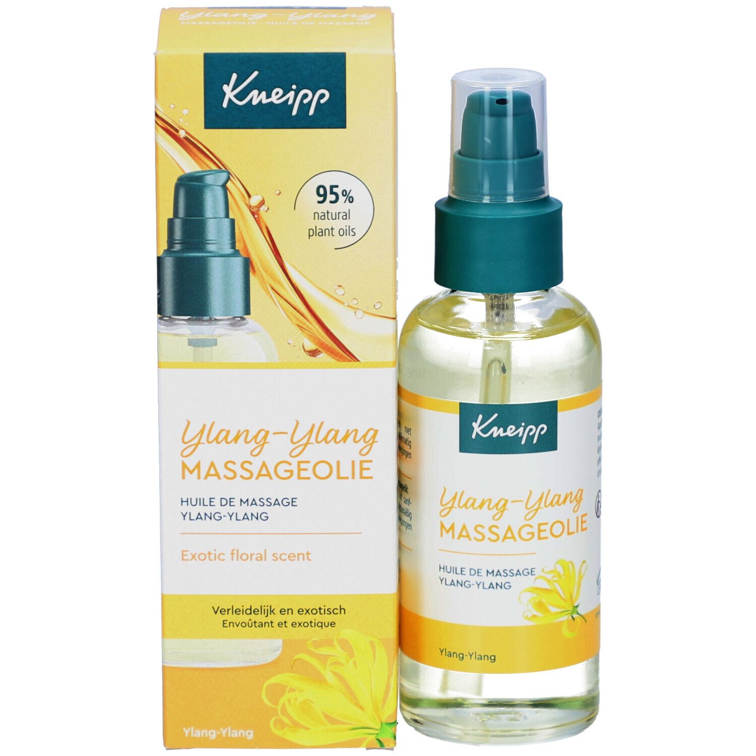 Huile de massage Kneipp Ylang-Ylang avec emballage. Flacon et boîte. 95% huiles végétales naturelles. Parfum floral exotique.
