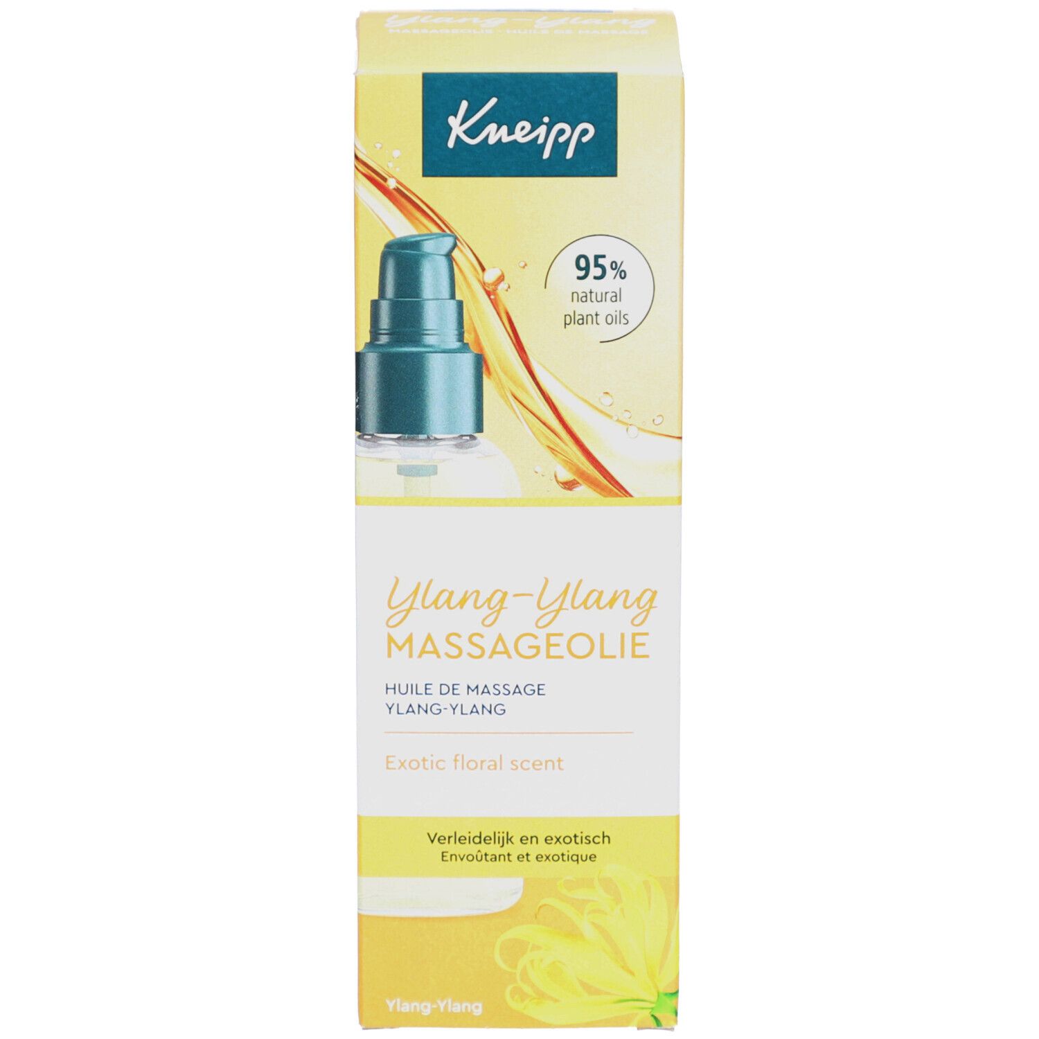 Emballage de l'huile de massage Kneipp Ylang-Ylang. Boîte avec image et informations du produit. 95% huiles végétales naturelles.