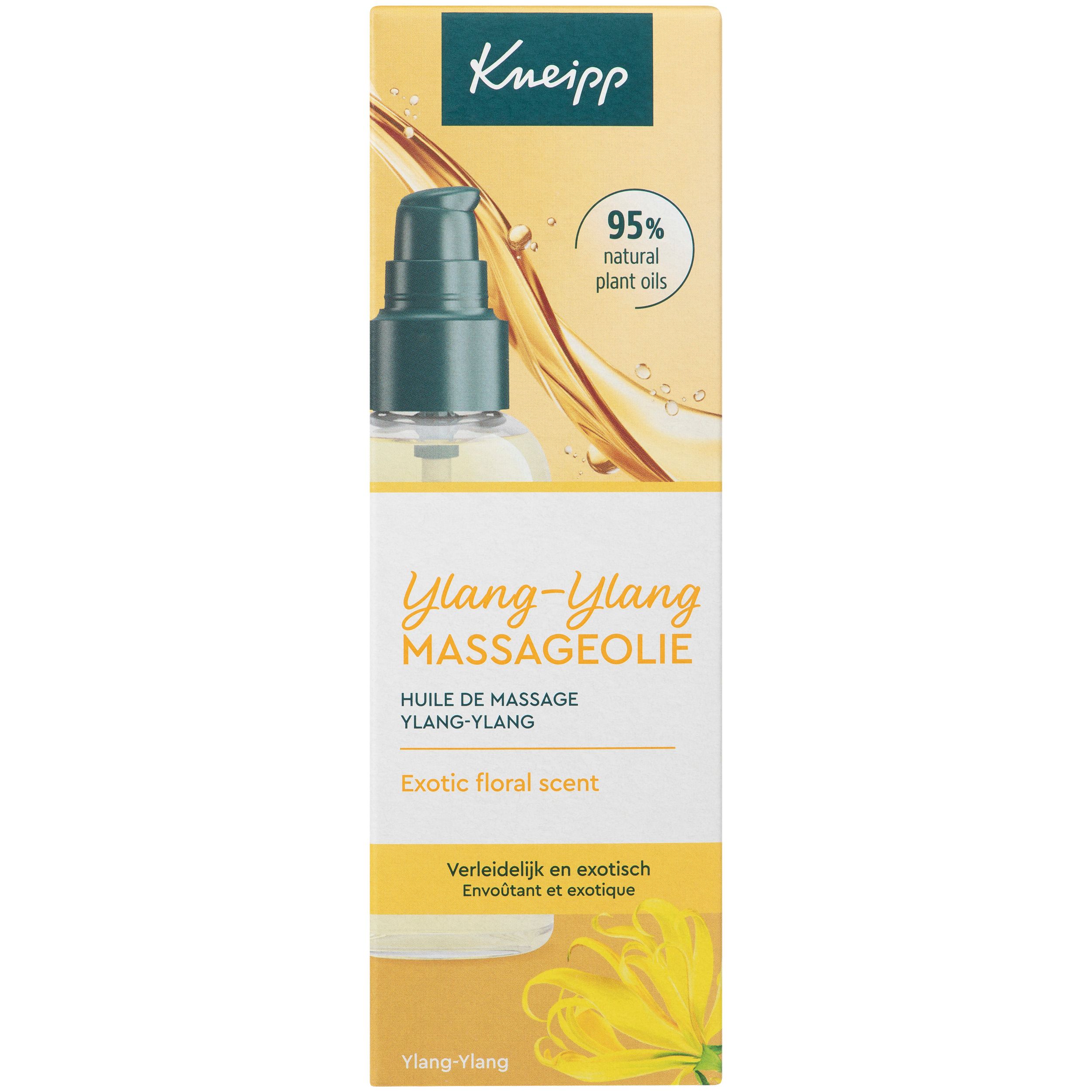 Huile de massage Ylang-Ylang Kneipp. Emballage. Boîte avec nom, logo et illustration florale. 95% huiles naturelles.