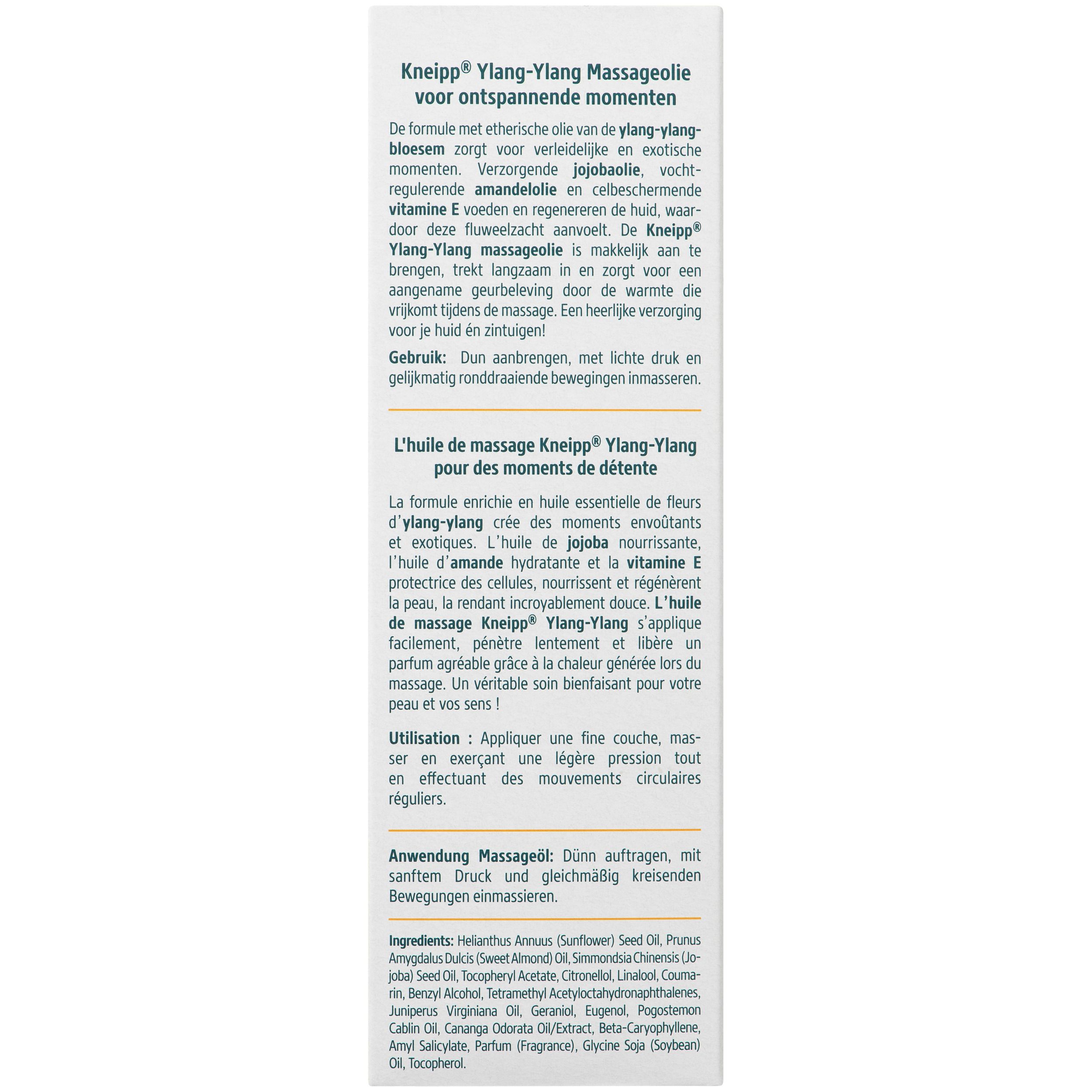 Kneipp Ylang-Ylang massageolie met verpakking. Fles en doos. Doos met naam, logo en bloemenillustratie. 95% natuurlijke oliën.