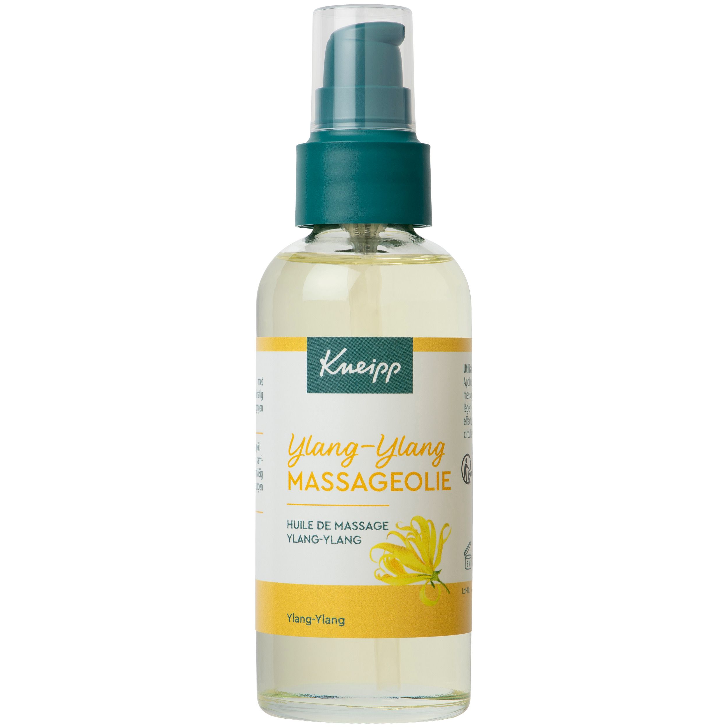 Kneipp Ylang-Ylang massageolie. Verpakking. Doos met informatie en ingrediënten. Tekst in het Duits en Frans.