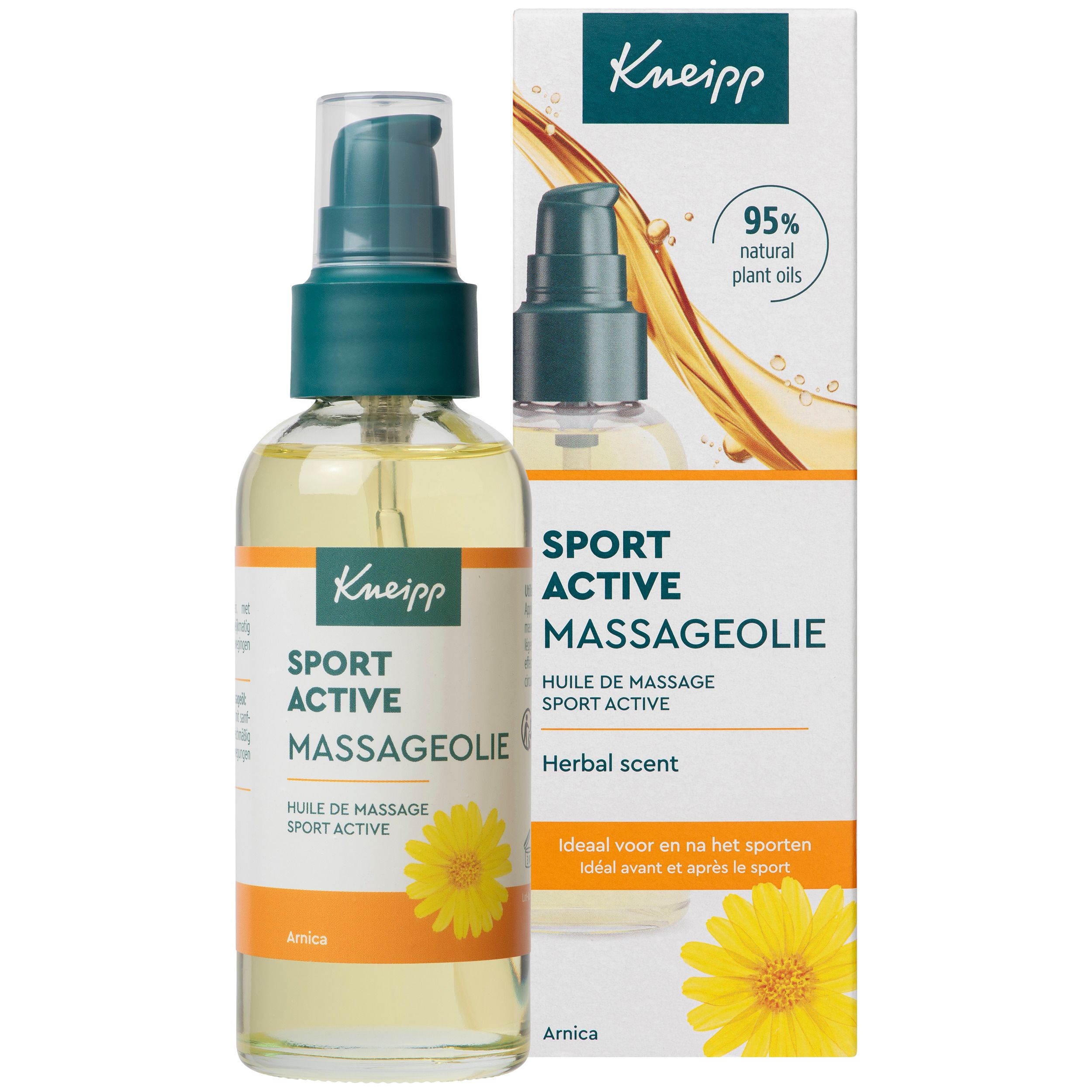 Huile de massage Kneipp Sport Active et emballage. Emballage avec nom et logo. Flacon avec vaporisateur vert. 95% huiles naturelles.