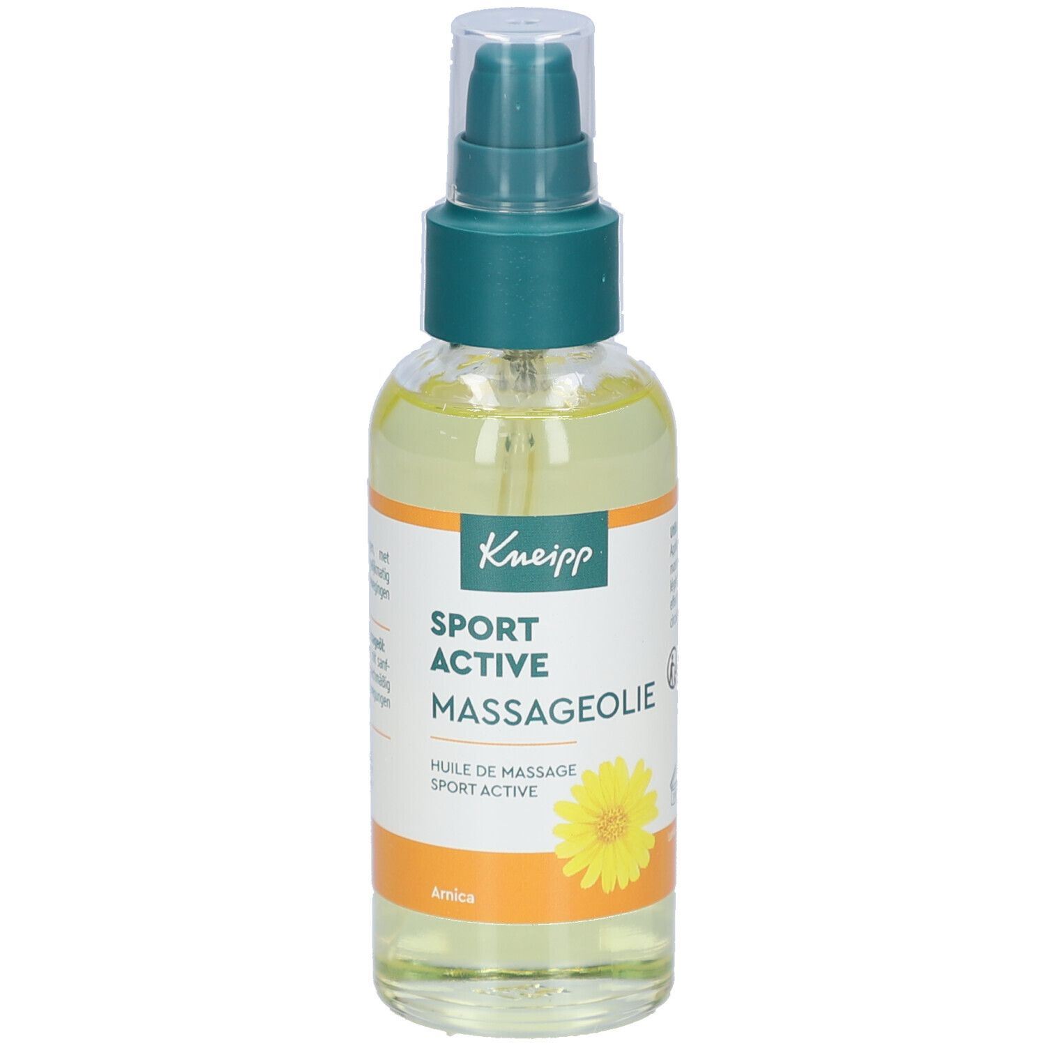 Transparante glazen fles met groene spraykop. Etiket met Kneipp-logo, productnaam en gele bloem. Vloeistof gelig.